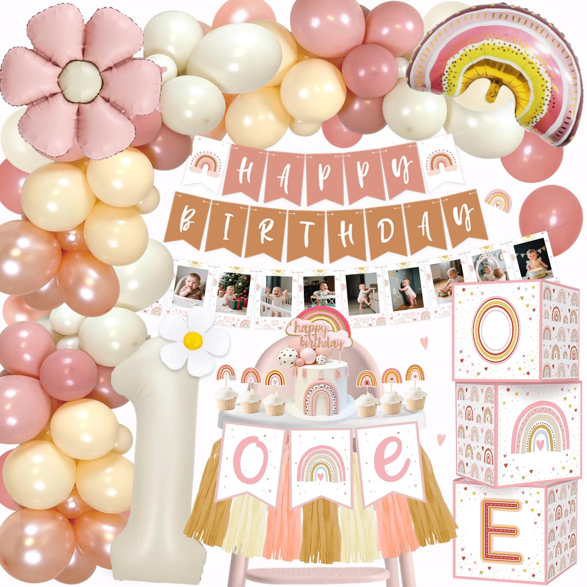 TOLOYE Boho 1st Birthday Decorations for Girls, Retro Pink First Birthday Decoration for Girls Set with Rainbow Photo Banner, Balloon Boxes, Number 1 Balloon, Baby Girl Party Supplies for Cake Smash