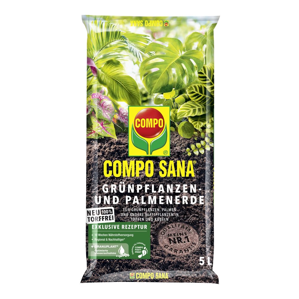 Compo SANA® - Tierra para plantas verdes y palmeras, sin turba, 5 L, tierra especial con fertilización inicial y copos respirables para plantas de habitaciones, balcones y terrazas, tierra verde de
