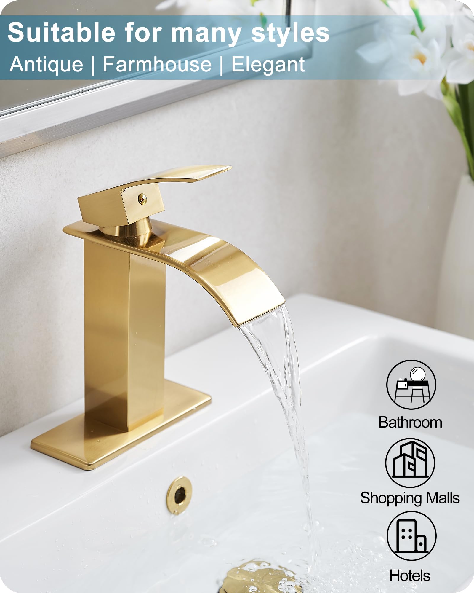 Grifo de baño Dorado con Efecto Cascada, grifos de baño de latón de un Orificio o de Tres Orificios de 4 Pulgadas, Grifo de Lavabo de baño Monomando con Placa de Cubierta y desagüe.