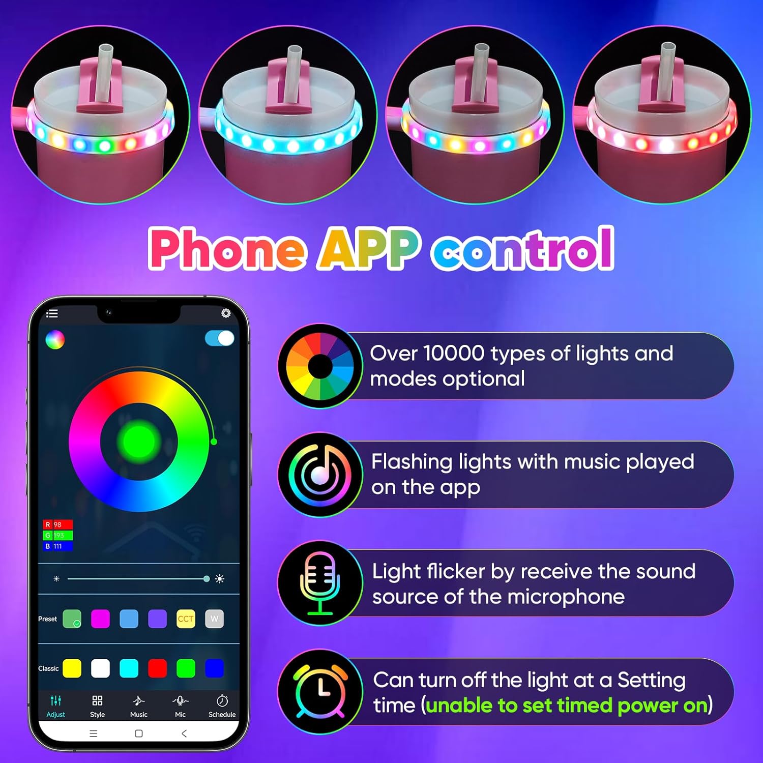 Colorful Light Accessories for Stanley Quencher H2.0/ProTour Tumbler Cup 40oz, Decorative Lights for Stanley Cup, Smart Bluetooth APP Control, Adjustable, Rechargeable, Home, Party - Image 5