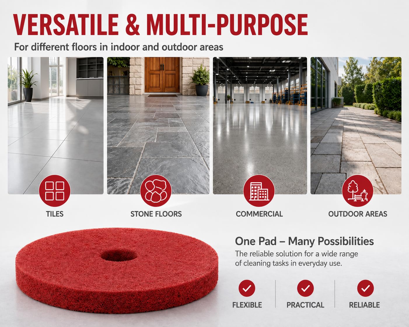 20 Inch Professional Red Floor Pads, Pack of 5, Rotary Floor Machine Buffing Pads, 25 mm Thick, 100% Post-Consumer Recycled Polyester, Spray Buffing, Cleaning & Polishing