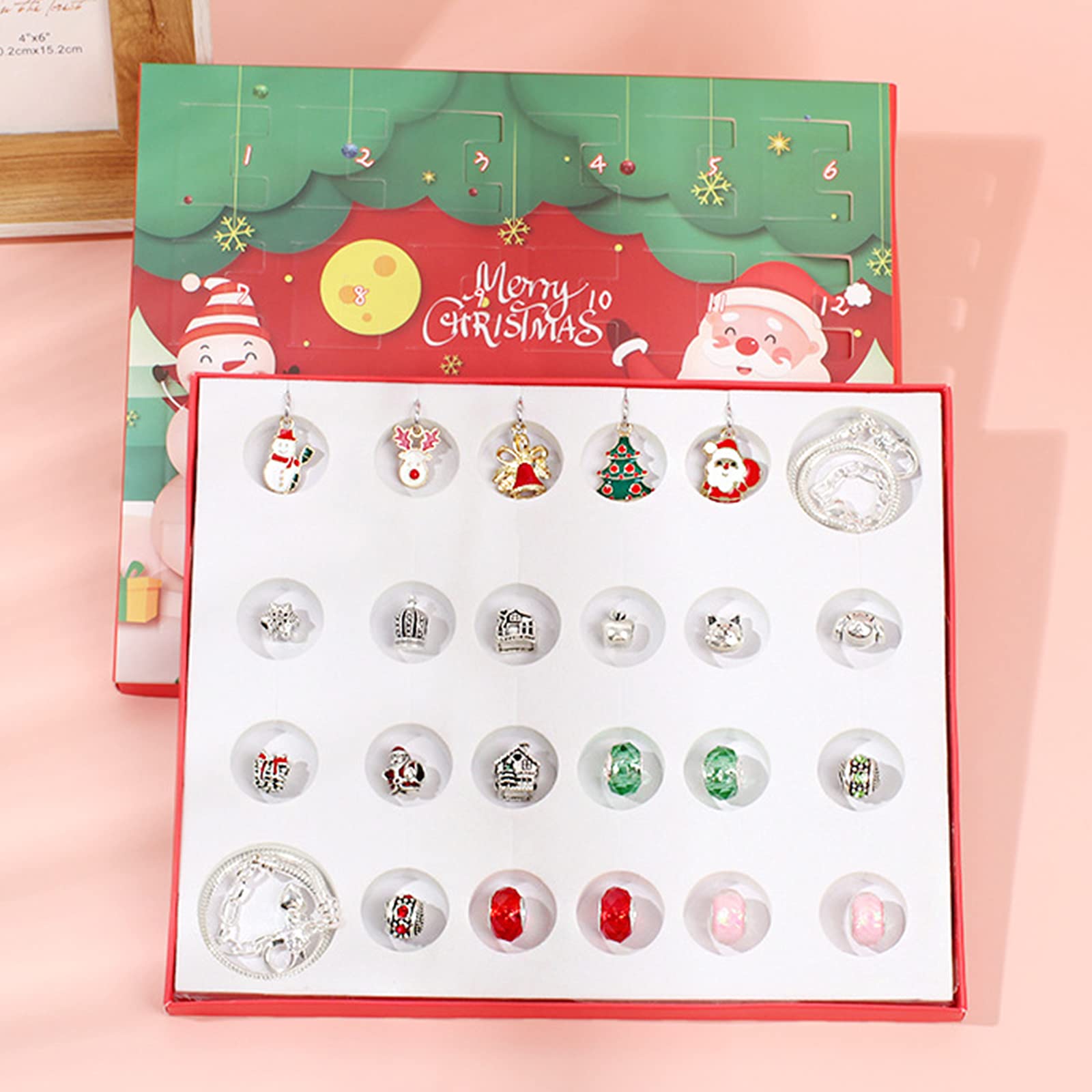 24 Pcs Advent Calendar 2021 Kids, Advent Calendar Christmas, Fidget Advent Calendar 2021, Christmas Ornaments for the Home Silver Jewellery, Xmas Decorations Calendars Charm Bracelet Girl Gifts (B)