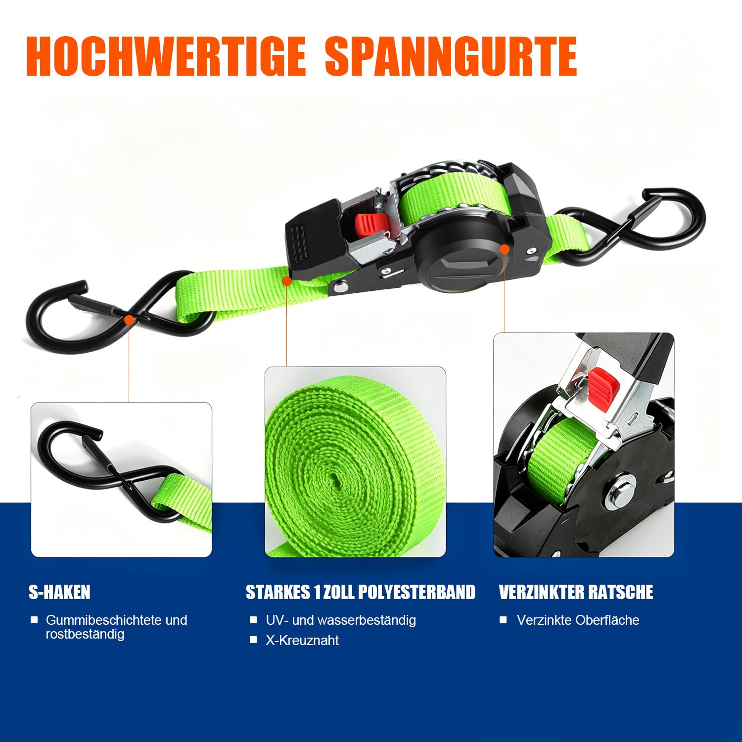Correas de trinquete autoenrollables 3m x 25mm | 4 Piezas con Ganchos en S, 750kg Carga de Rotura | Cnchas de Amarre automáticaspara Moto, Remolque, camión - Verde