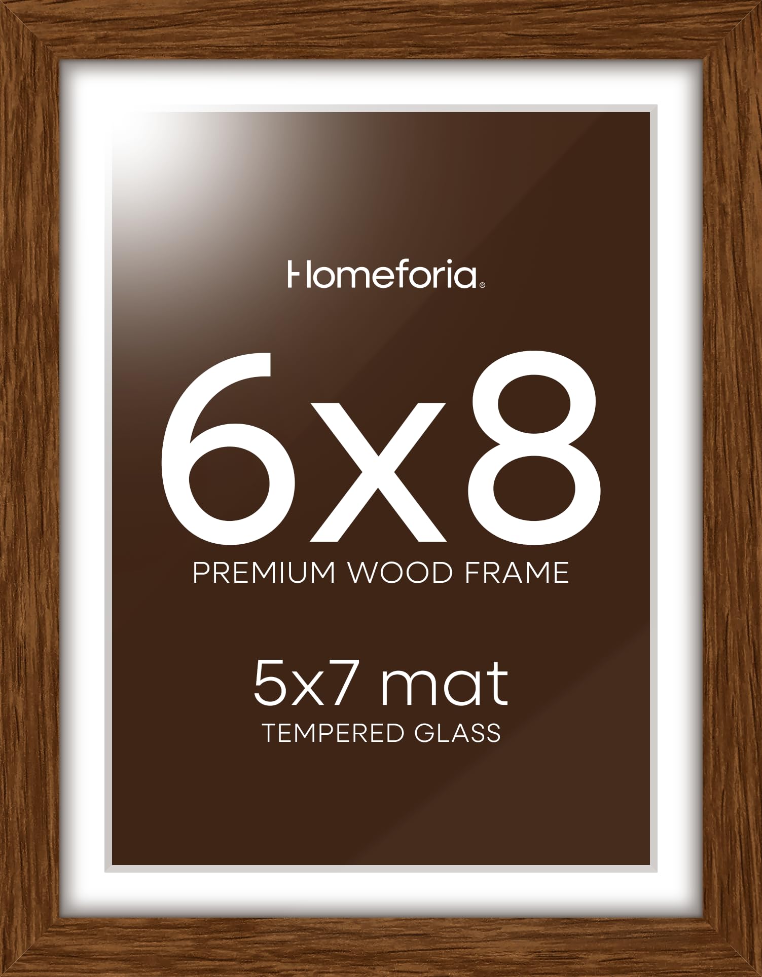 Homeforia 6x8 Brown Oak Picture Frame, High-End Wood, 5x7 Mat, Glass
