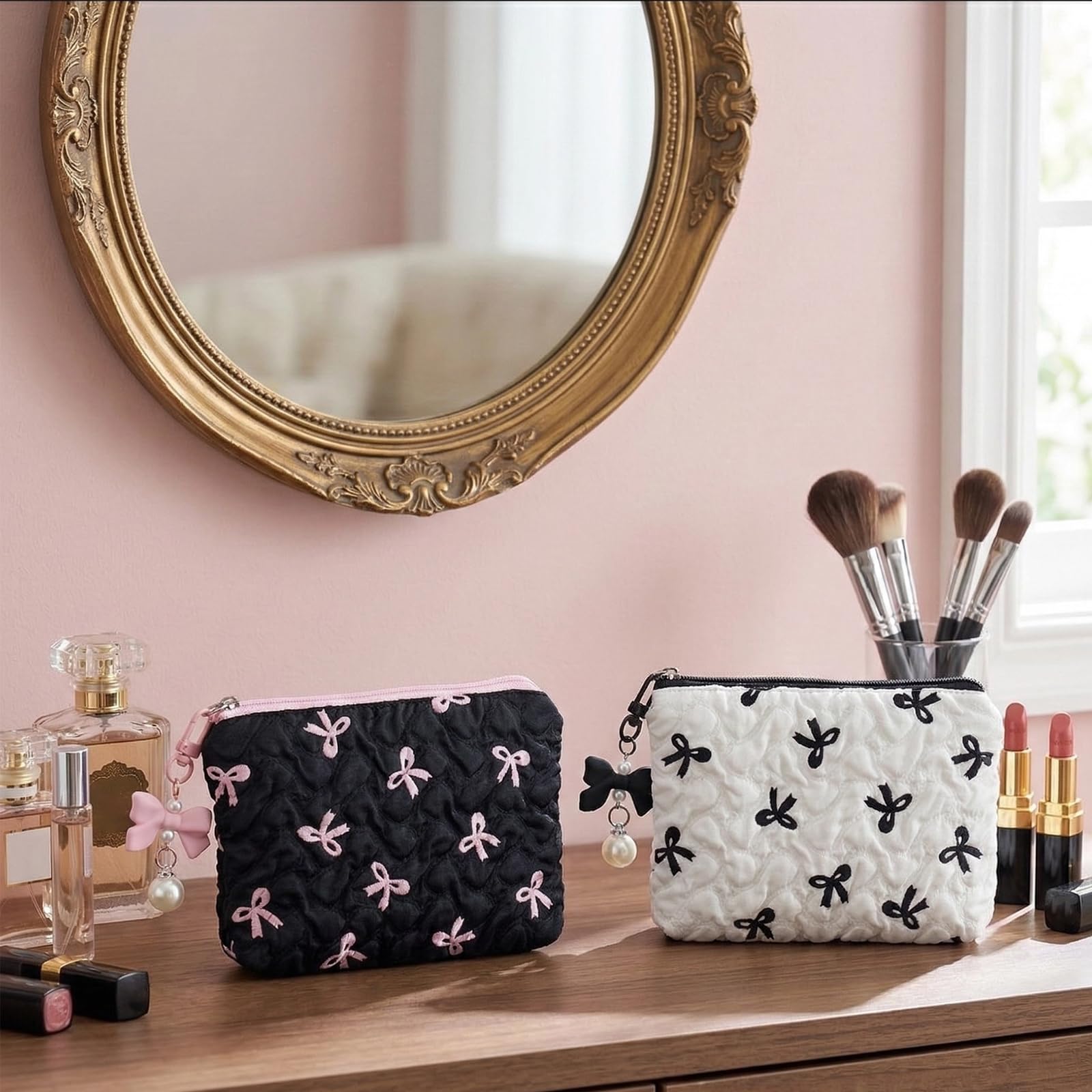 Set di 2 trousse per trucchi piccoli, con eleganti fiocchi, mini borsa per trucco, borsa per trucco, borsa per trucco, borsa per cosmetici, borsa da toilette da donna, 14 x 10 cm