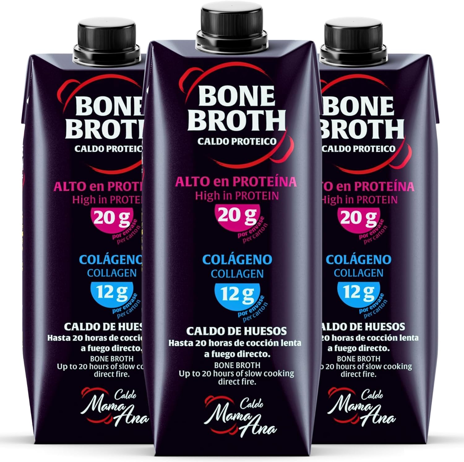 Premium Bone Broth | 3x500 ml | Made with Beef Bones | Enriched with Chicken, Iberian Pork, and 6 Vegetables | Protein, Collagen, and Hyaluronic Acid | 100% Natural Bone Broth | Caldo Mama Ana