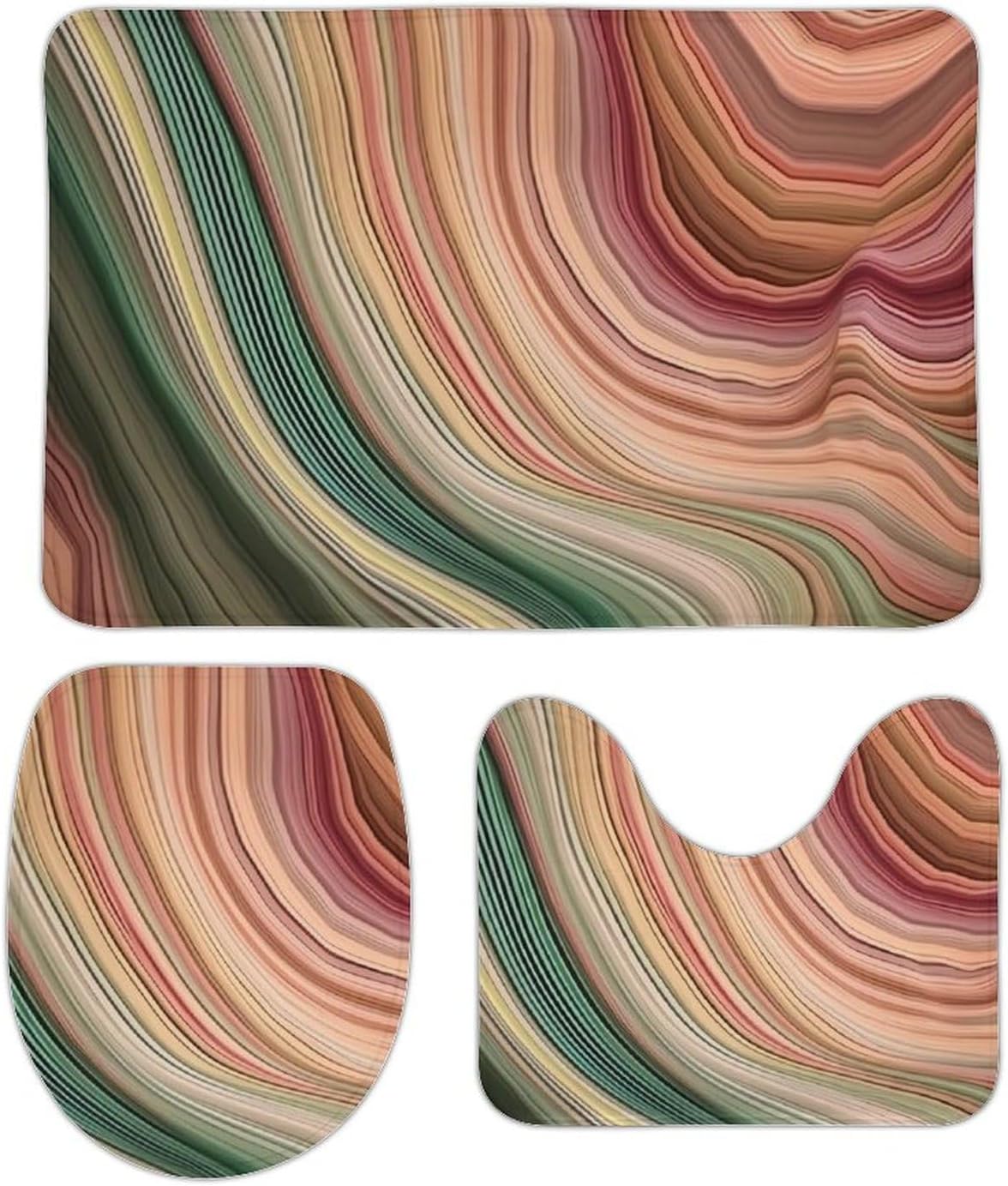 Anti-Skid Floor Mats 3 Piece Set,Green and Gray Stripes Printed Coral Fleece Bathroom Mats U-Shaped Contour Mat Toilet Seat Cover for Bathroom, Tub, Shower, Kitchen 19.7"x31.5"