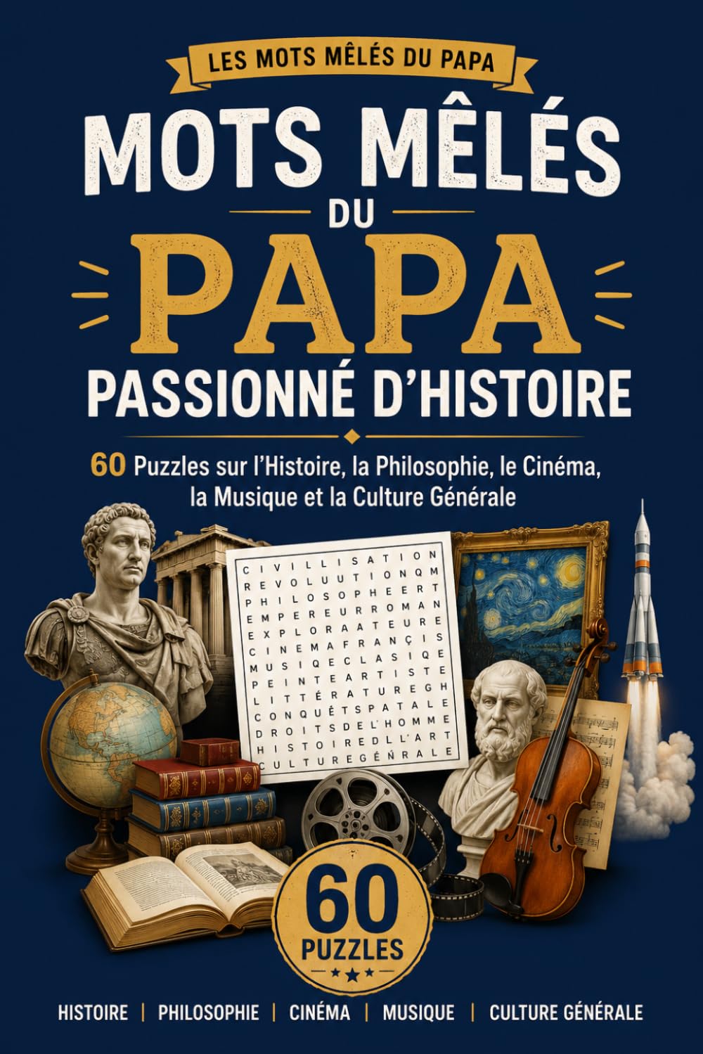 Mots Mêlés du Papa Passionné d'Histoire: 60 Puzzles sur l'Histoire, la Philosophie, le Cinéma, la Musique et la Culture Générale