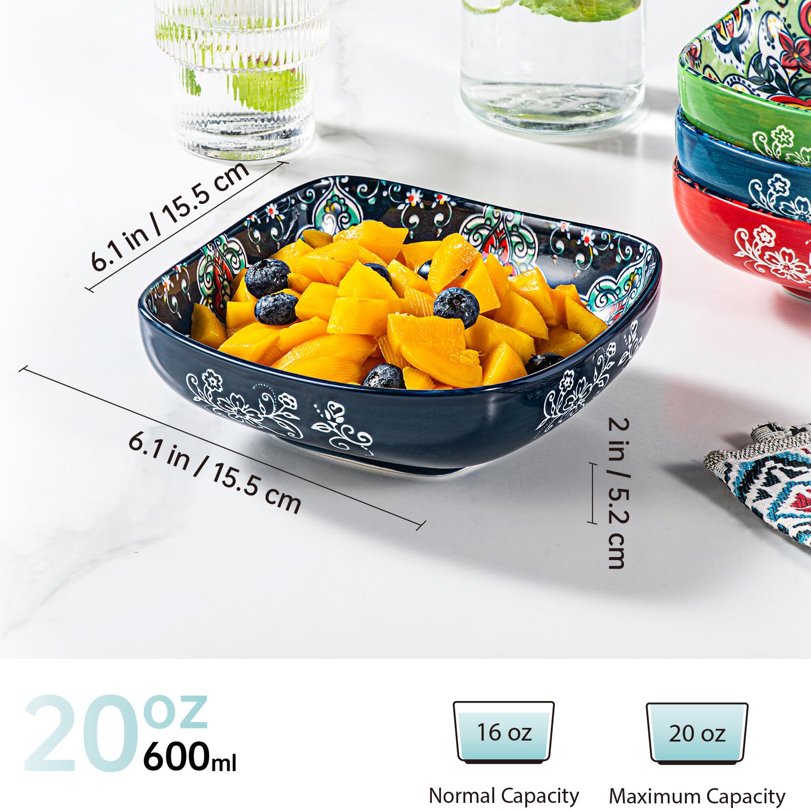 HENXFEN LEAD Miseczki na przekąski porcelanowe, 550 ml miseczki deserowe do musli, deserów, zup i przekąsek. Kolorowe, 6 sztuk w opakowaniu - styl boho