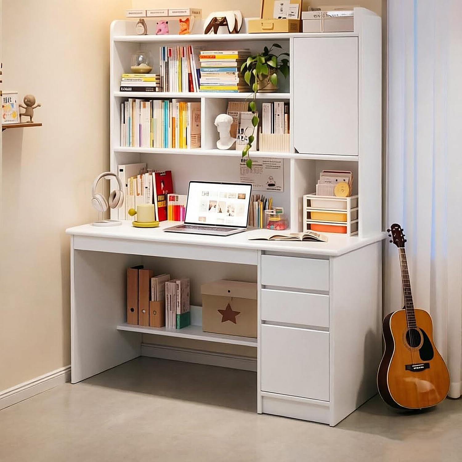 Estación de Trabajo de La Oficina en Casa de Madera, Mesa Compacta para Computadora Blanco, Mesa para Estudio con Estantes y Cajones 120x45x165cm