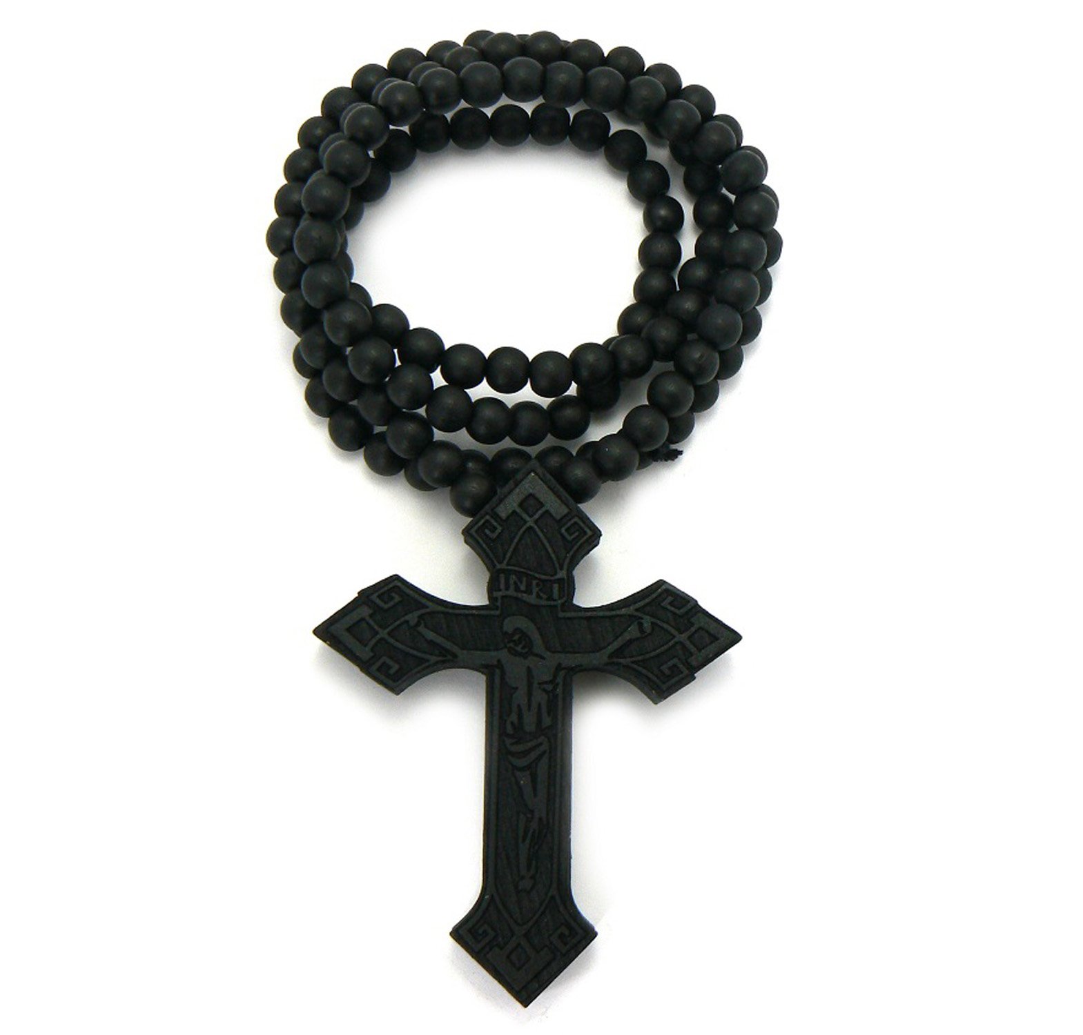 NYFASHION101 Jesus Engraved Crucifix Cross Wood Pendant 8mm 36" Wooden Bead Chain Necklace