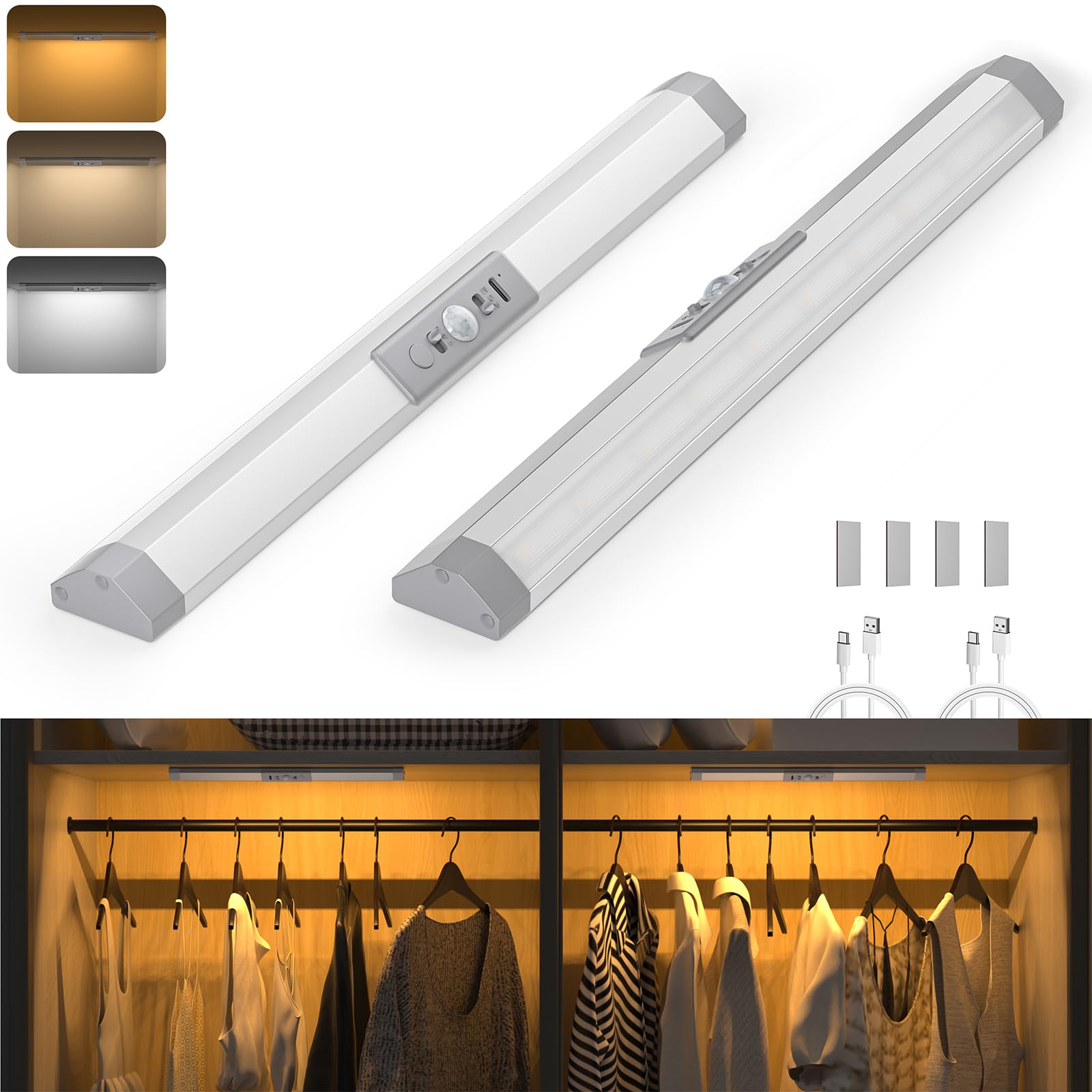 Sponsored Ad - WOBANE Closet Lights Motion Sensored with Eye-Protection,Rechargeable LED Wardrobe Lighting with 3 Color,12 inch Dimmable Wireless Battery Operated Light Indoor for Stair,Pantry,Hallway,900mAh,2PCS