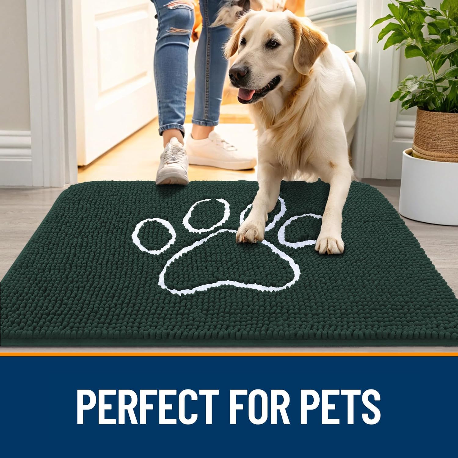 OLANLY Dog Door Mat for Muddy Paws 24x16, Paw Print Design, Absorbs Moisture and Dirt, Absorbent Non-Slip Washable Doormat, Quick Dry Chenille Mud Mat, Entry Indoor Entryway Carpet, Blackish Green thumbnail