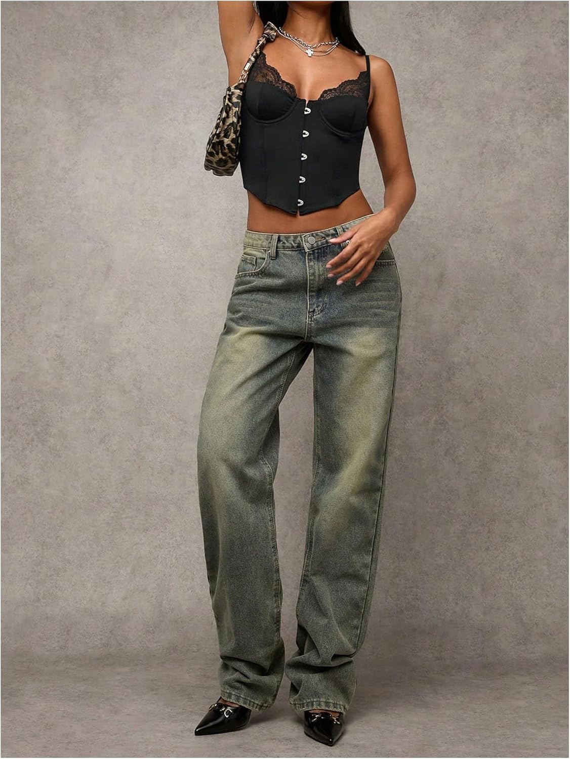 MakeMeChic Women's Lace Cami Shirt V Neck Bustier Corset Tops Spaghetti Strap Button Top - Image 6