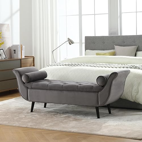 Miniatura 5 de Banco de almacenamiento para dormitorio, banco de pie de cama, tamaño King, largo y moderno tapizado de terciopelo, bancos otomanos con brazo para