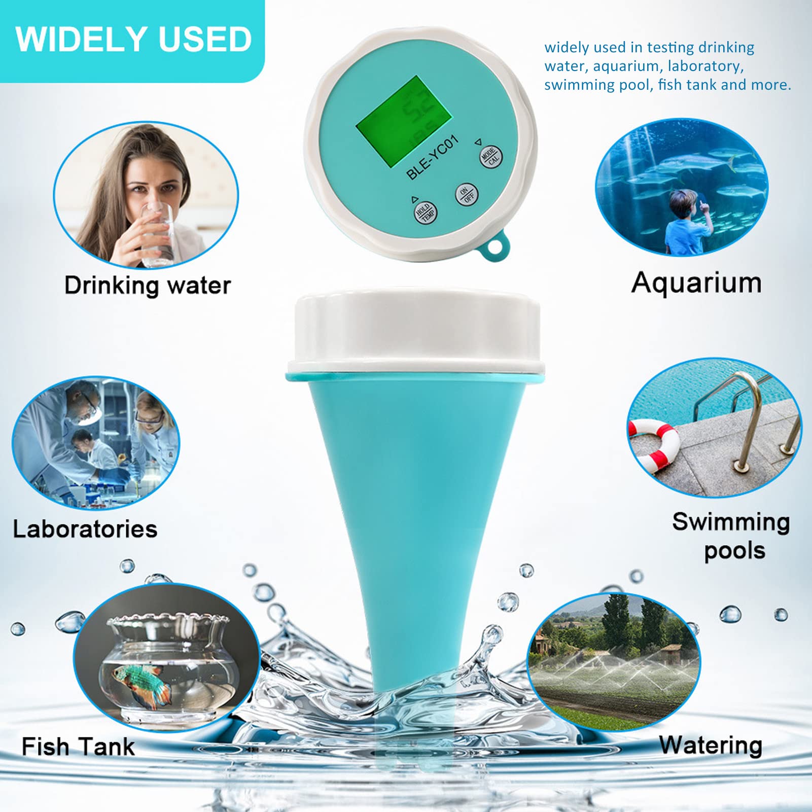 Tester Wody w Basenie, 6 w 1 Miernik Ph Orp Ec Tds Temp Cl z Połączeniem Aplikacji Bluetooth i Automatycznym Zapisem Danych Udostępnij Tester Jakości Wody Zasilany Bateryjnie