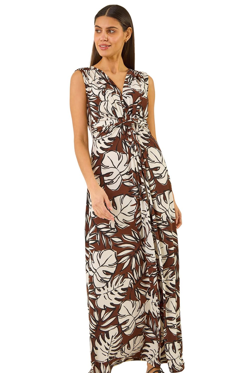Roman Women's Chocolate Leaf Twist Front Maxi Dress In | Size: 12
