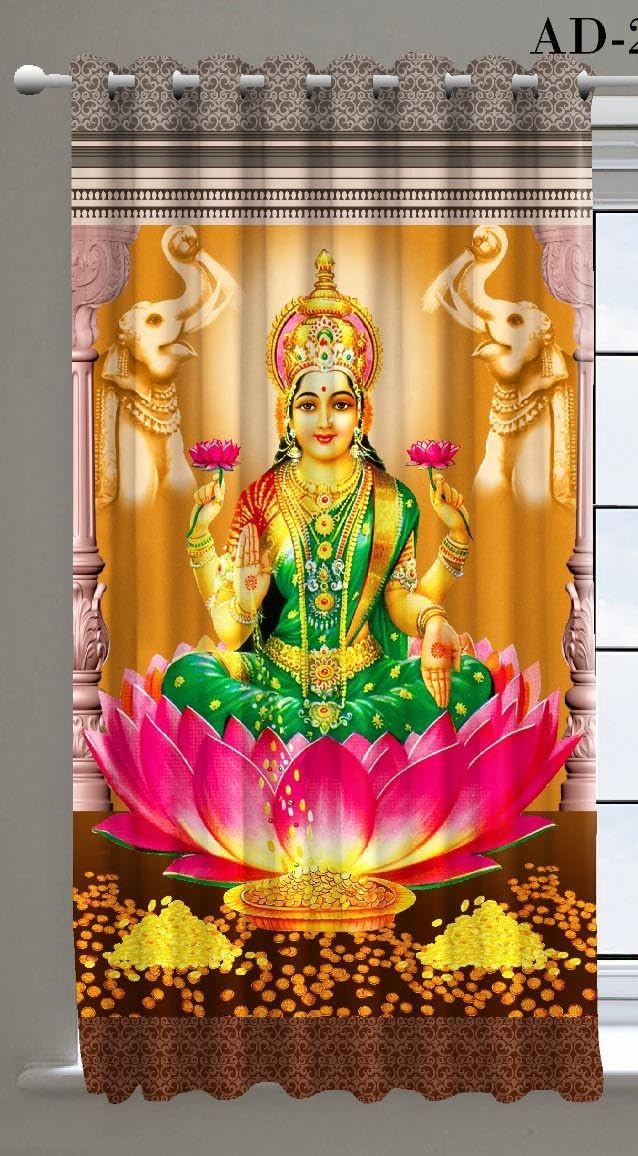 WO FLORA 3D Digital Printed MATA Luxmi God Curtains for Poojaroom/Pooja ghar mandir Parde Home Temple Curtain 4x5 Feet Window Curtain Pack of 1 Pc