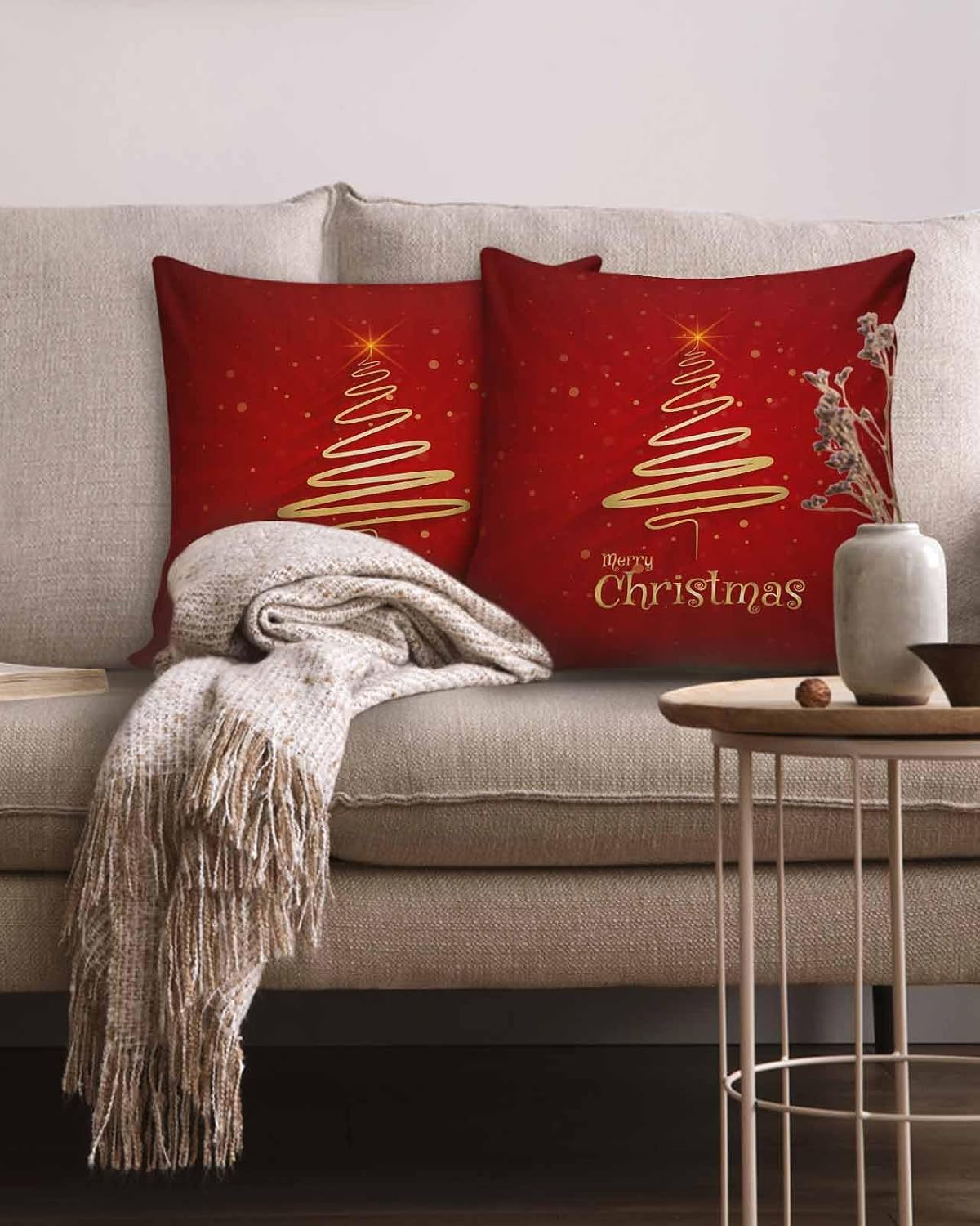 JasmineM Merry Christmas Tree Pillow Covers 18x18 Inch Set of 2, Christmas Decorations Red Gold Outdoor Throw Pillow Covers, Winter Holiday Square Pillowcases for Patio Sofa Couch Bedroom Decorative