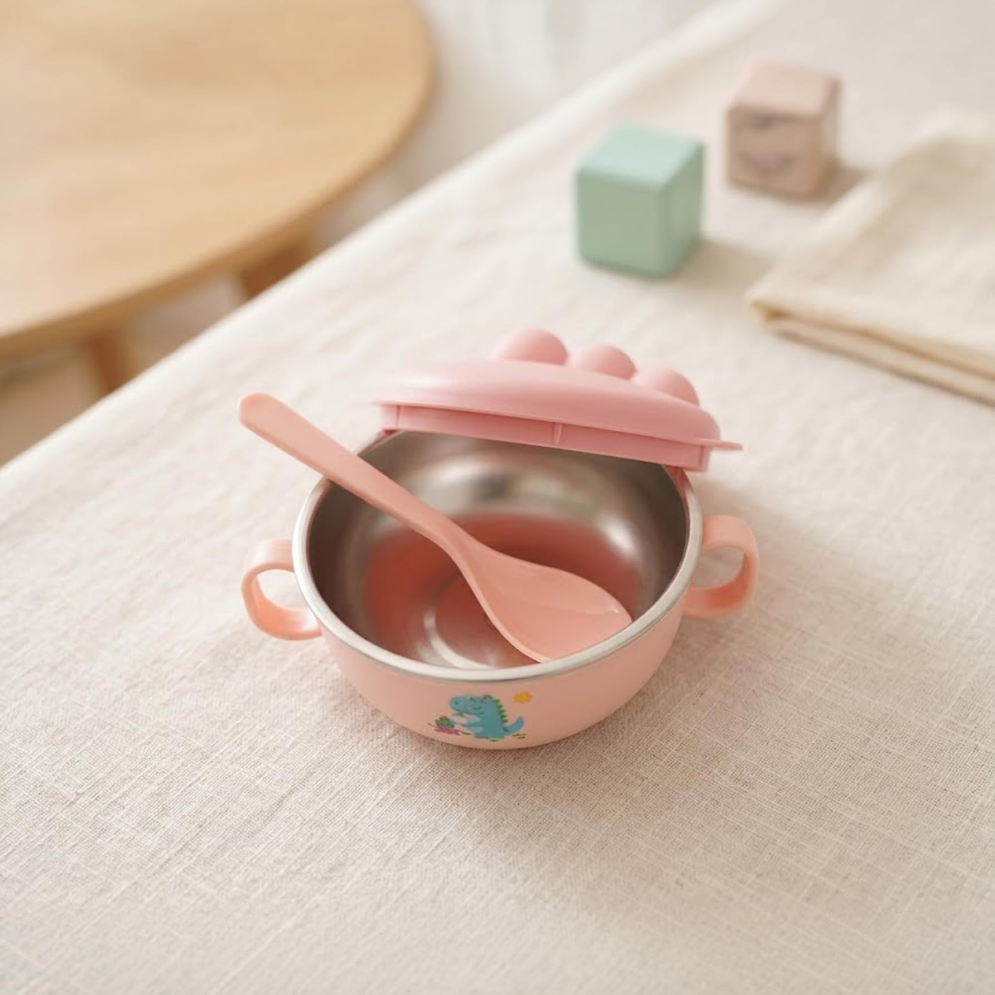 TINSY Dino Kids Bowl – Stainless Steel Feeding Bowl with Lid, Handles and 1 Spoon, BPA-Free, Durable & Safe for Toddlers (Blush Pink Dino)-image-2
