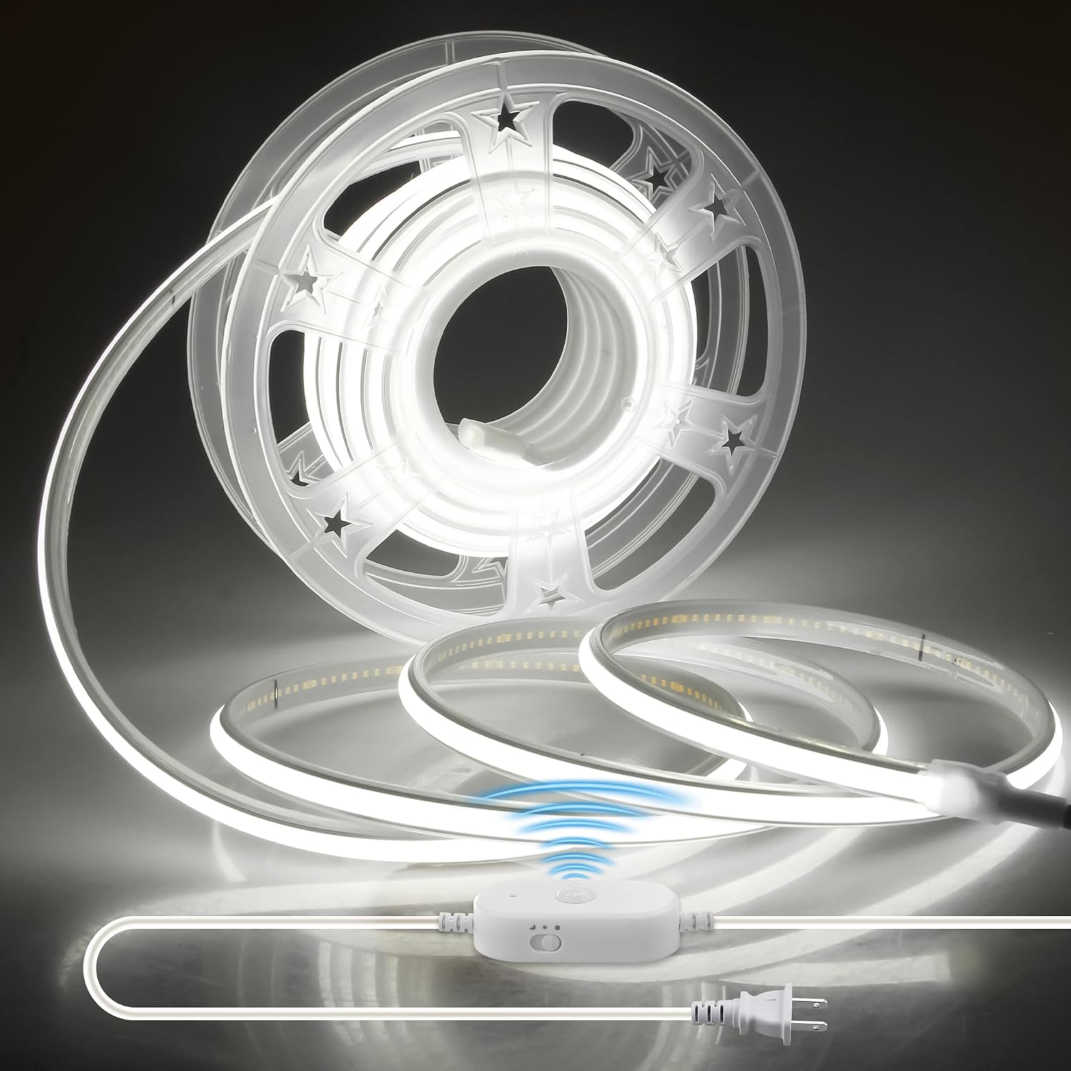 Waterproof Motion Sensor COB LED Light Strip 20FT Cold White 6000K 3 Lighting Modes AC 110V Flexible Self-Adhesive Time-Delay Plug In Motion Activated Strip Light for Cabinet Under Bedroom 288LED/M