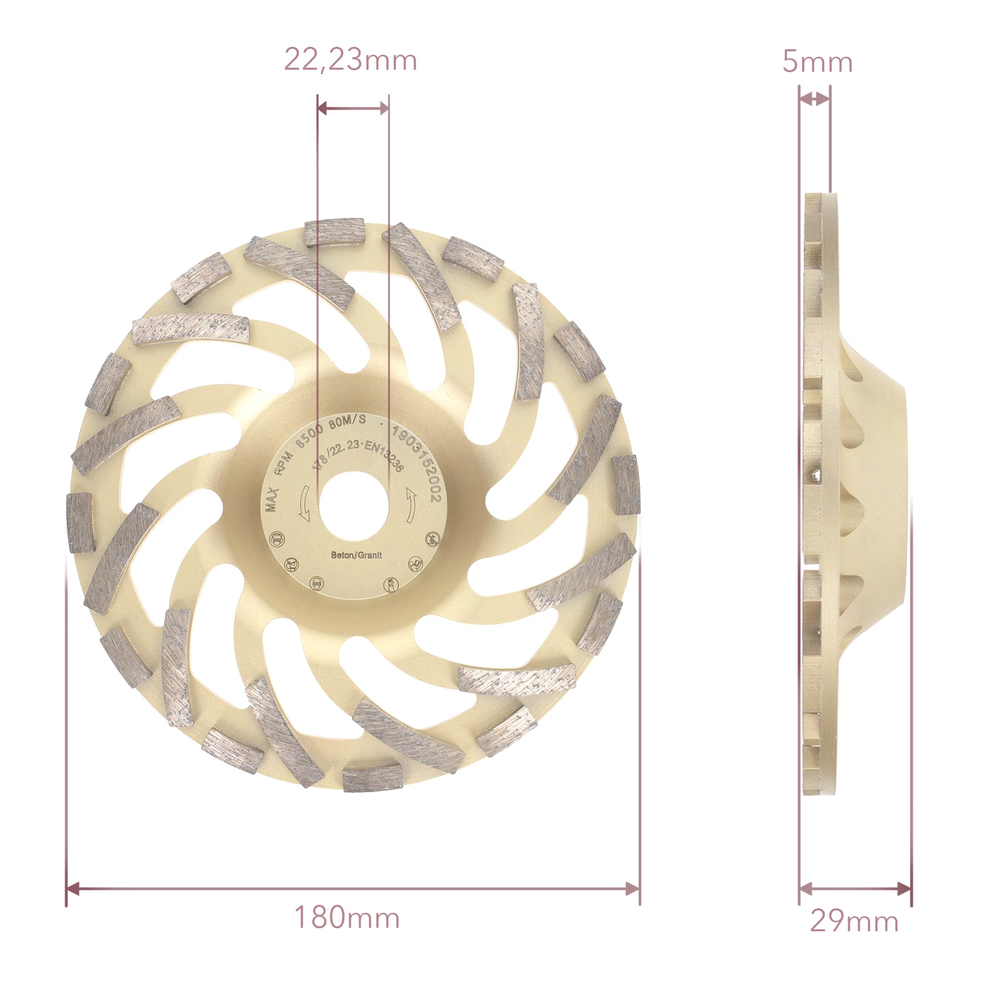PRODIAMANT Muela de Copa Diamantada Turbo ST81 180 mm x 22,23 mm - Segmento 5 mm, para hormigón y piedra natural, calidad profesional, desbaste rápido y profesional, apto para amoladora angular