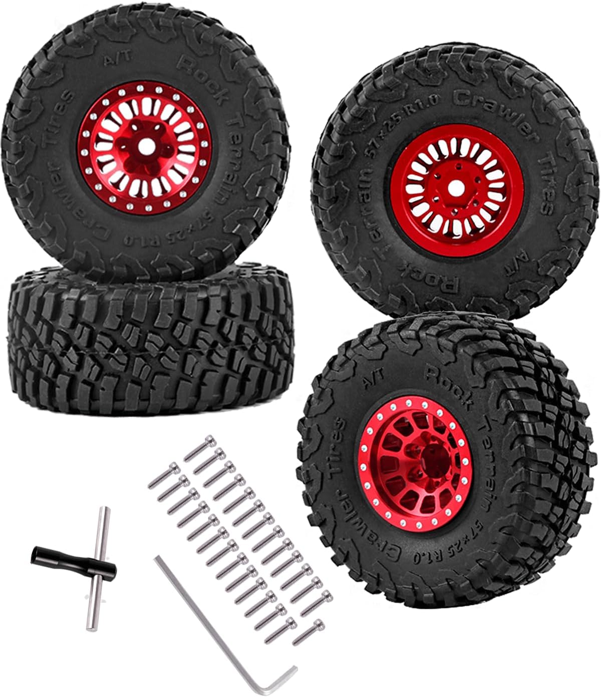 RC 1.0In Tires for 1/18 1/24 RC Crawler Car Trx4m FCX24 SCX24,4PCS Aluminum RC Beadlock Wheel Soft Rubber Tires Set,Red