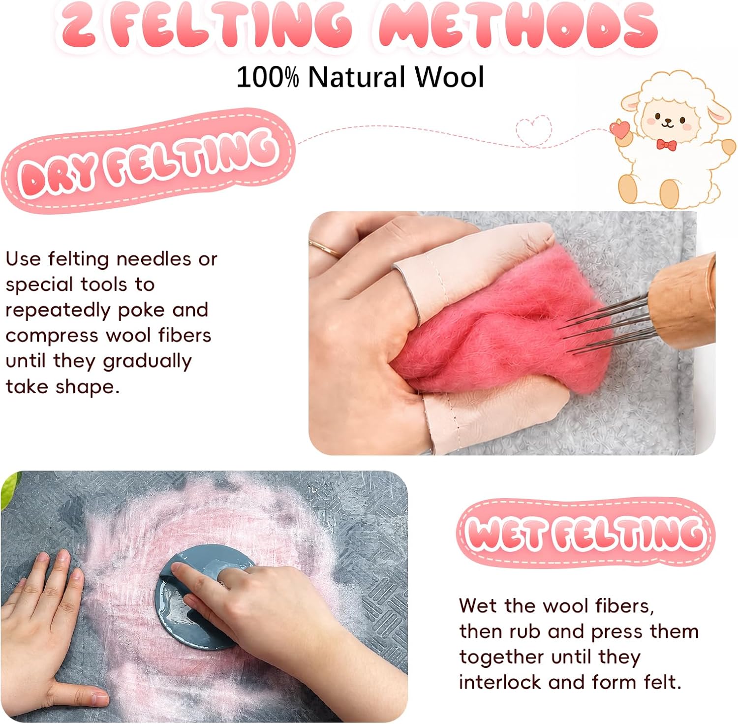 1.76oz(50g) Wool Roving: Needle Felting Wool White Roving Wool Felting Supplies Pure Wools Chunky Yarn Spinning Wool Roving for Needle Felting Wet DIY Hand Spinning(Blush Pink)