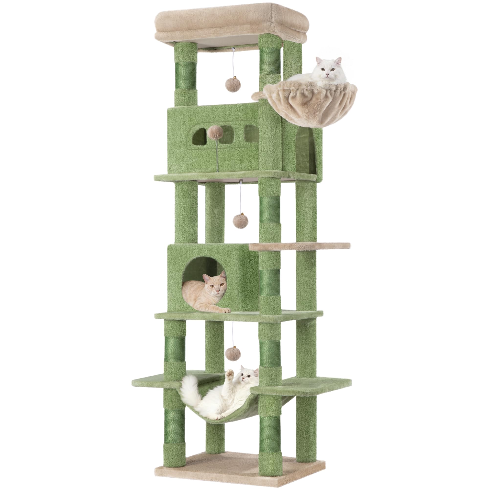 Hzuaneri Cat Tree for Indoor Cats, 170 cm Large Tall Cat Tower, Multi-Level Cats House with Condo, 8 Scratching Posts, Hammock, 4 Pom Poms, Green Brown MS17018AG