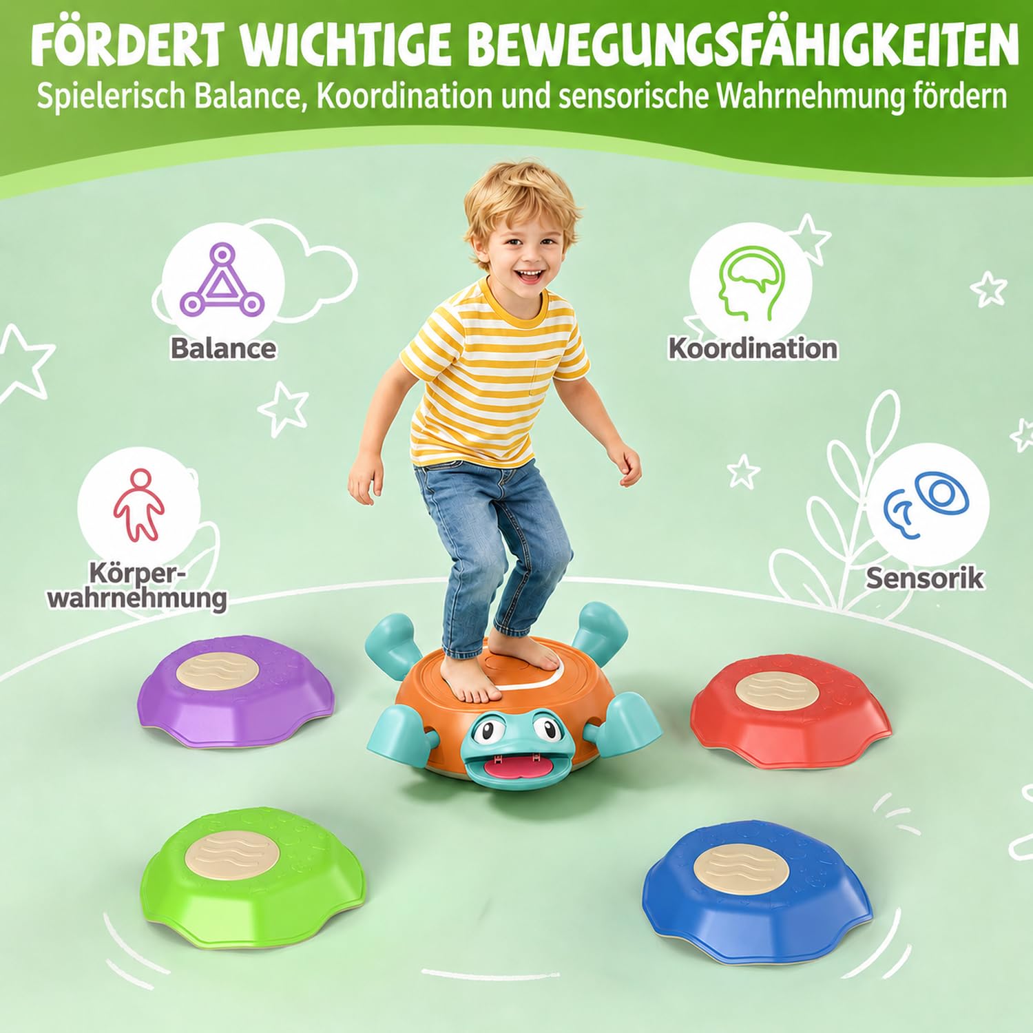 Holyton Balance-Steine Kinder mit Licht & Musik, Turtle Jump Spiel mit Drehrad, Reaktions- & Koordinationsspiel, 1 Schildkröte + 4 Steine, Motorik Training Indoor & Outdoor