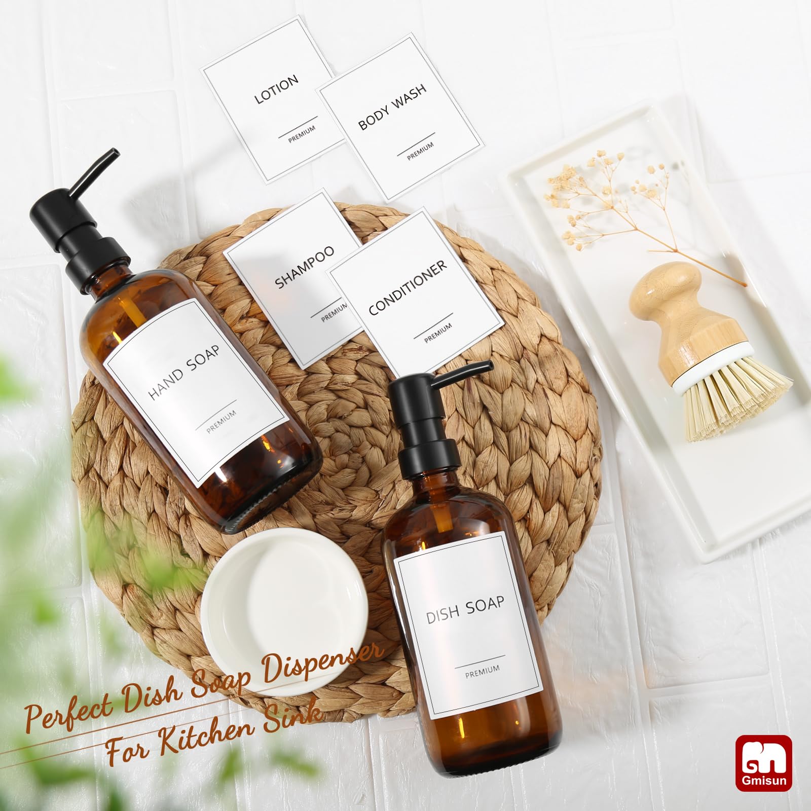 GMISUN - Juego de dispensador de jabón de cocina, dispensador de jabón para platos de 16 onzas con bandeja de cerámica y cepillo de bambú para platos, paquete de 2 dispensadores de jabón de vidrio