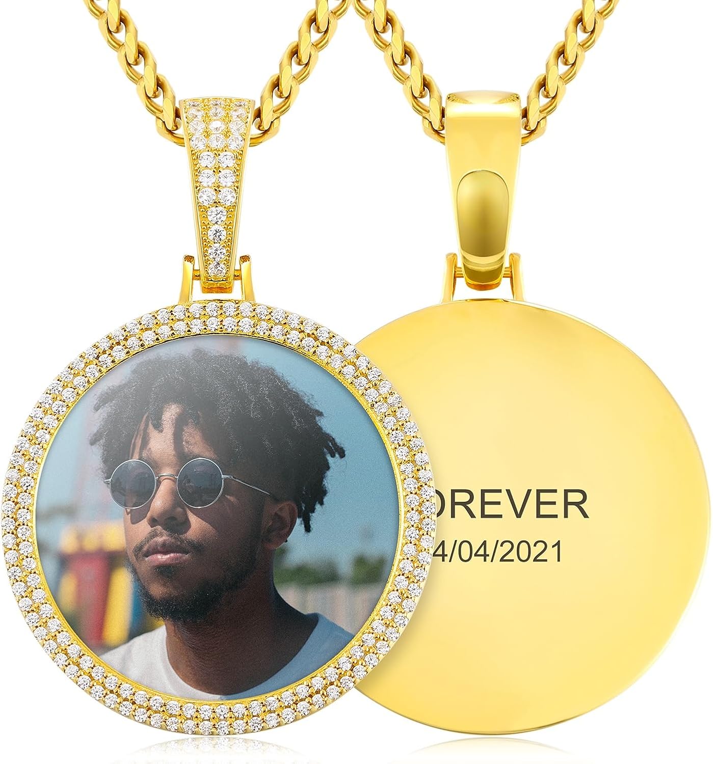 TUHE Custom Picture Necklace Personalized Photo Pendant 18K Gold Plted Iced Out Round Gold Silver Memory Rip Necklace Customized Picture Chains For Men Women- Birthday Gifts
