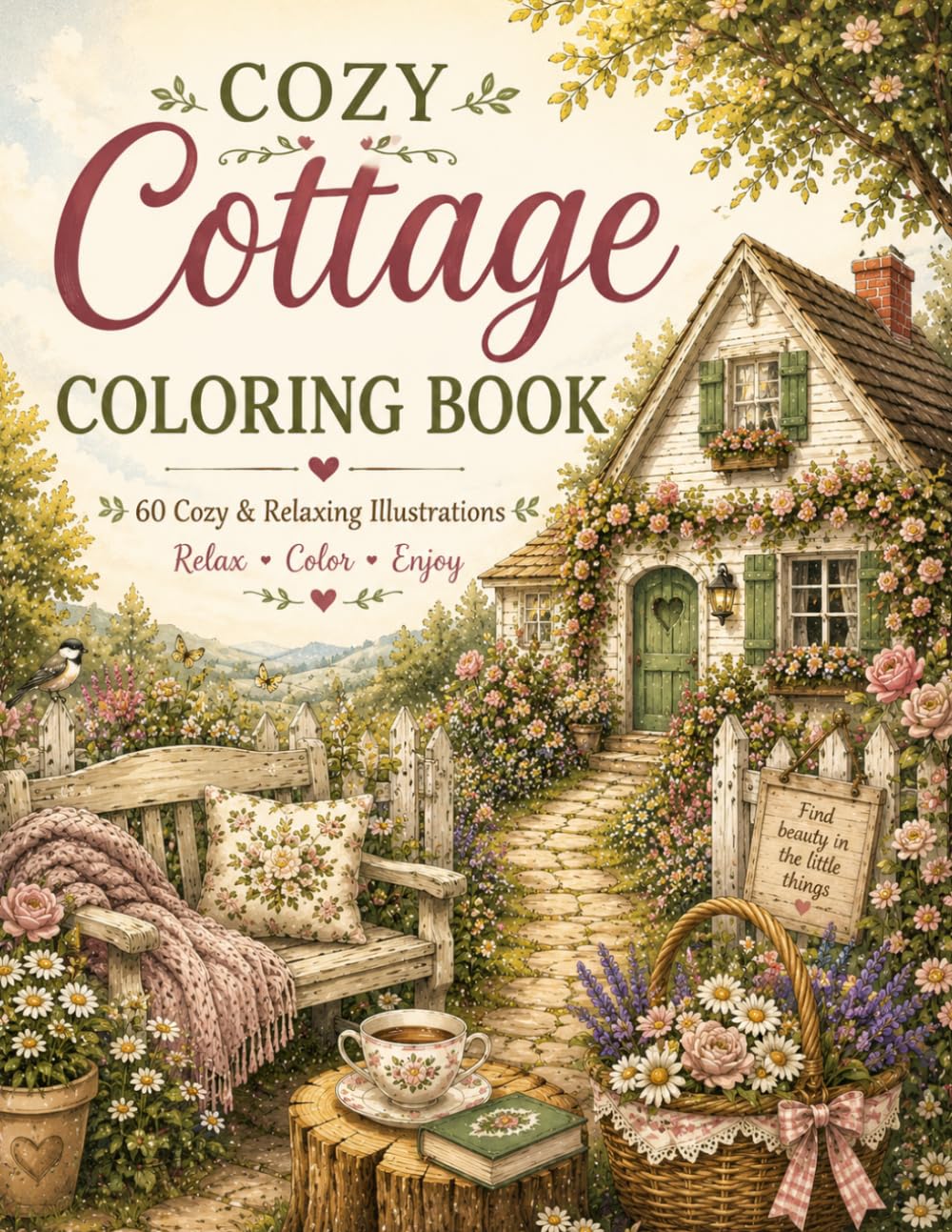 Cozy Cottage Coloring Book: 60 Cozy & Relaxing Illustrations Featuring Cottage Gardens, Tea Time, Reading Nooks, Farmhouse Kitchens, Greenhouses, and Peaceful Nature Scenes for Adults & Teens