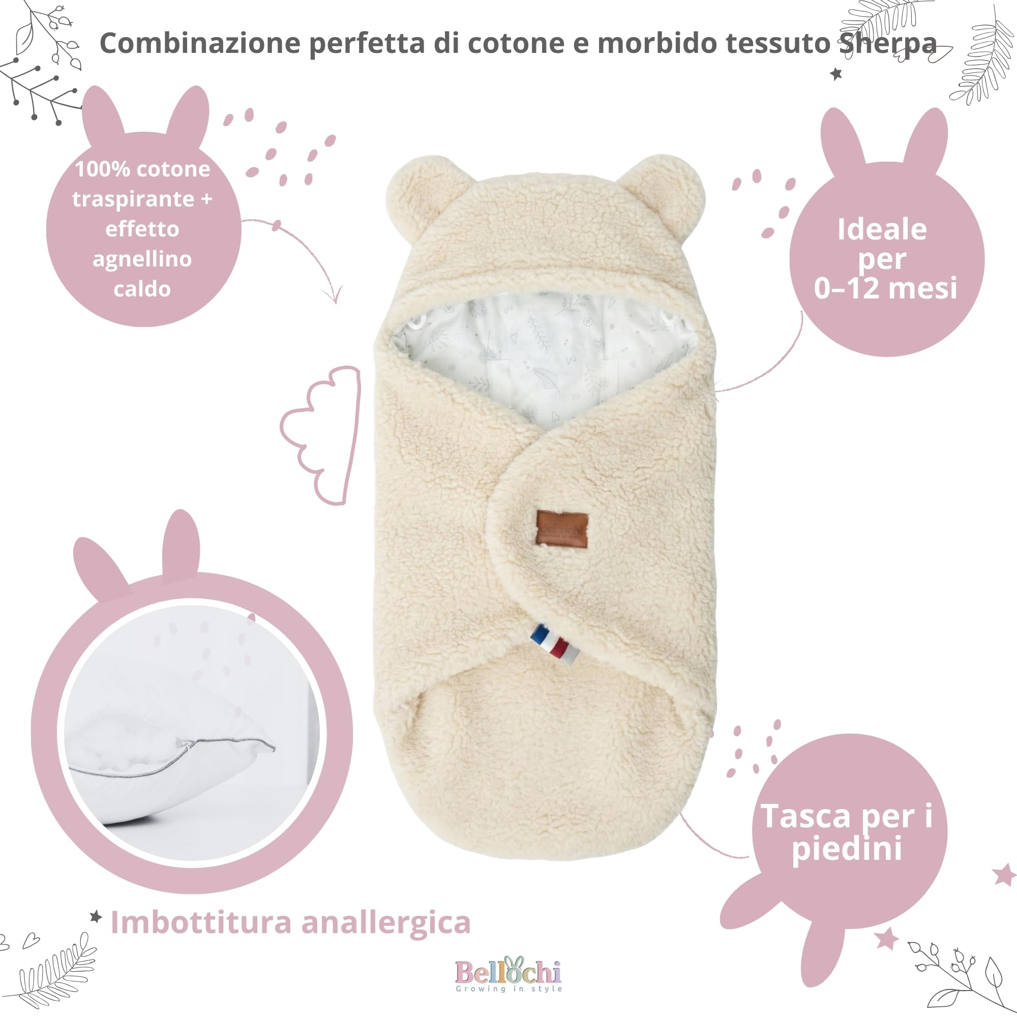 Bellochi Coperta per Ovetto e Passeggino, Bianca, 90 x 90 cm, per Seggiolino Auto, Morbida in Cotone Oeko-TEX, Invernale per Bambini
