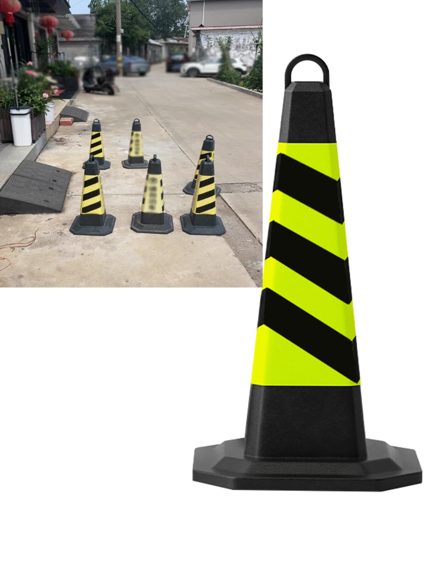 Lot de 4 cônes de sécurité routière avec poignées. Cônes de construction en caoutchouc et plastique for parkings, allées et événements.(75x40cm)