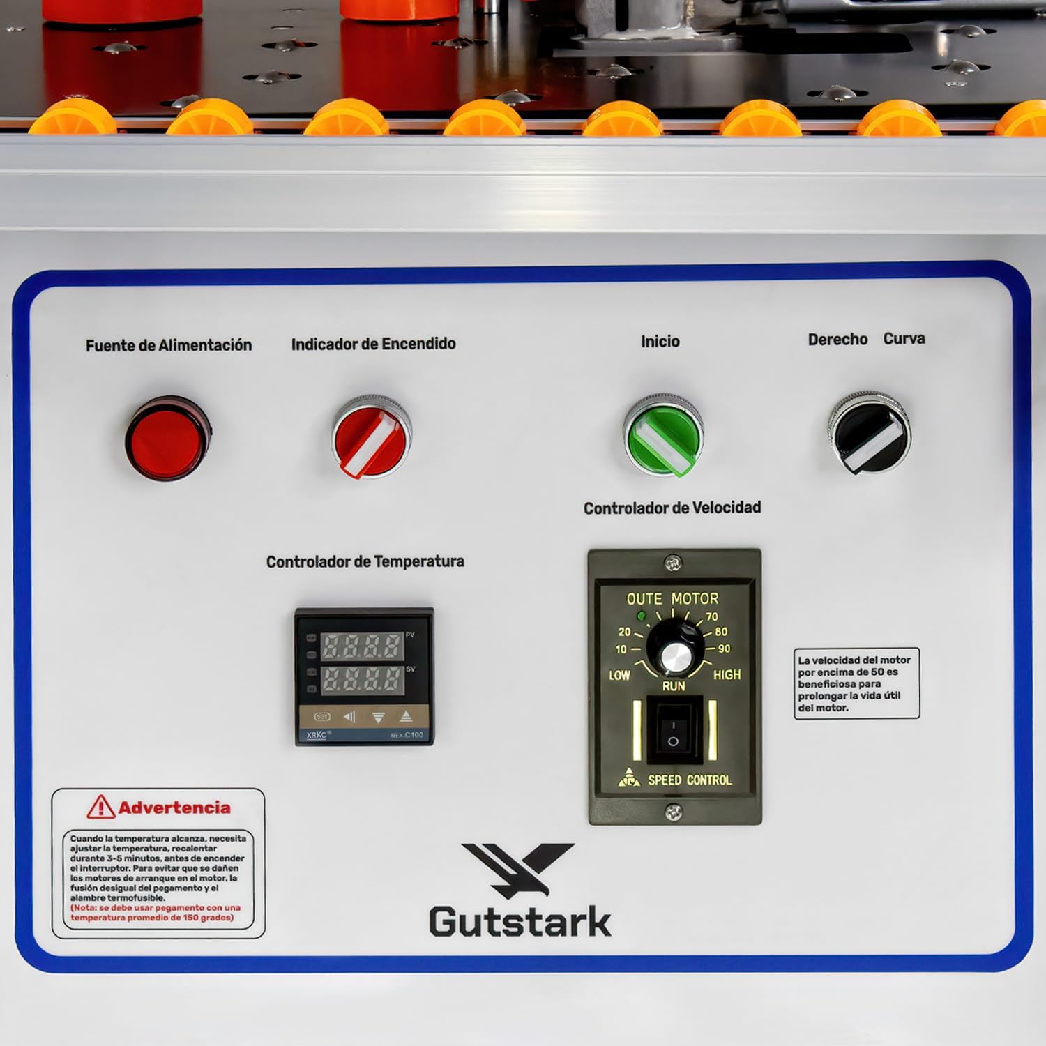 Close-up of the GUTSTARK Edge Bander control panel with buttons and displays.
