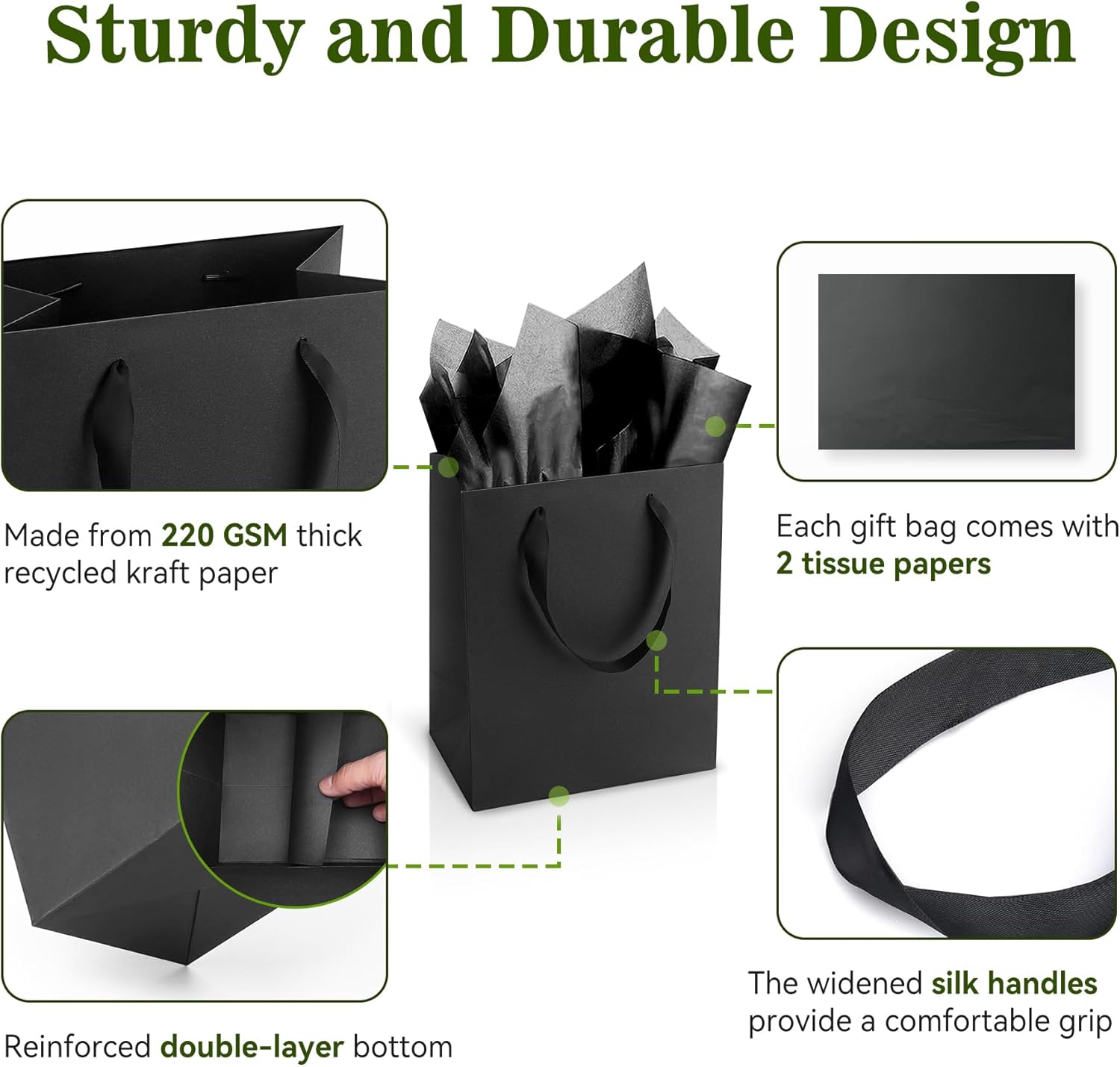 Product photo of gegiboa black gift bags with handles and tissue paper 6 pcs, 8x5x10 inch sturdy kraft paper gift bags, bulk for wedding, party, birthday, business and shopping, medium size bl+paper-medium-6-pcs