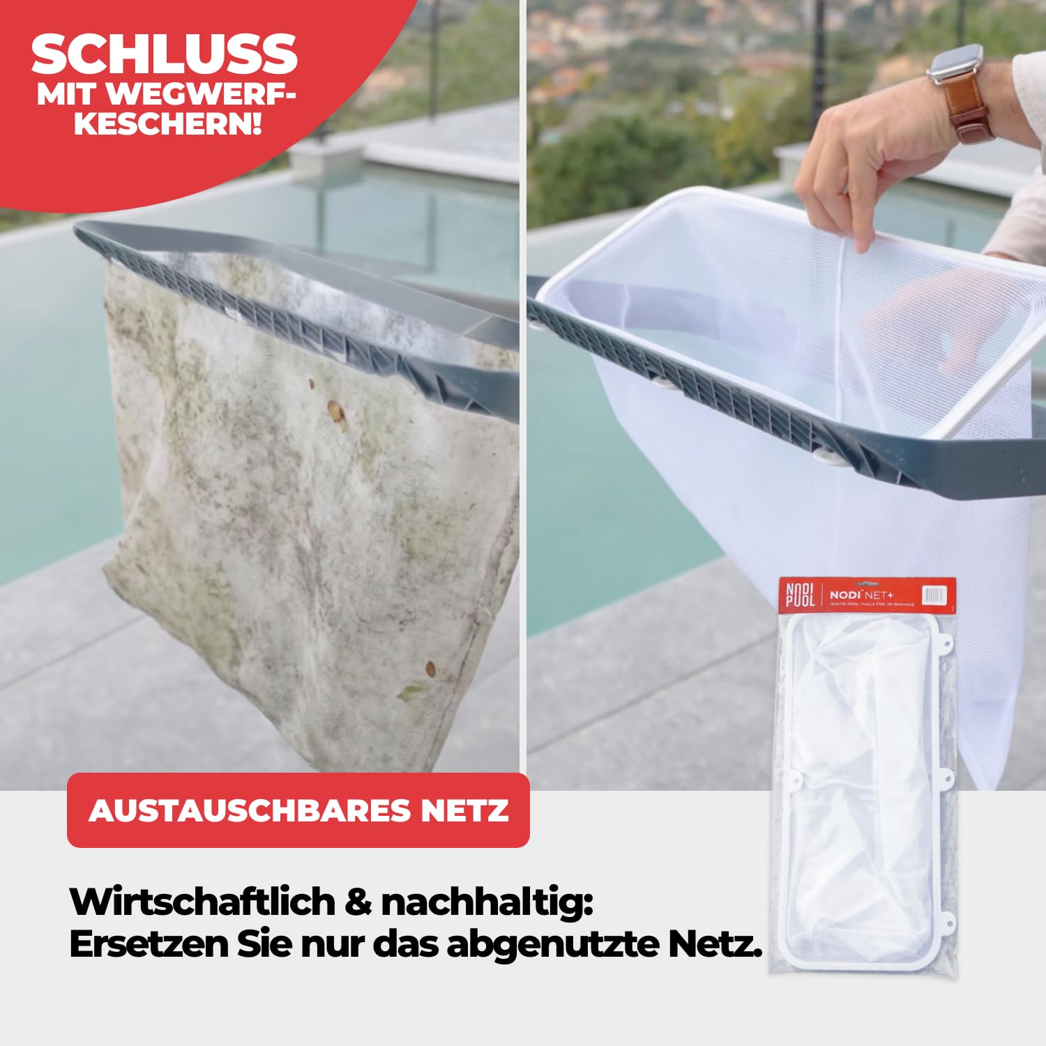 NODI Net+ | Professioneller 3-in-1 Poolkescher | Poolboden, Oberfläche & Unterflur-Rollladenkasten | Belastbarkeit 32 kg | Austauschbares Netz | Nachhaltig & Wirtschaftlich