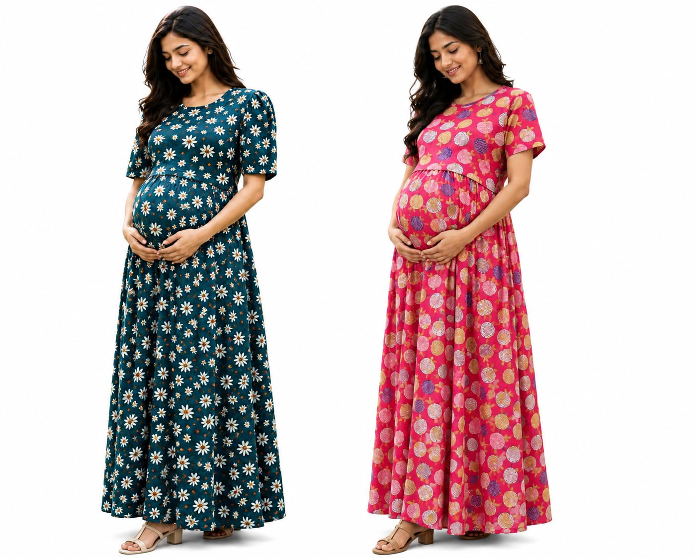 RENIS.Store Women's 100% Cotton Zipless Feeding Maternity Nighty Pack of 2 | Pull Up Nursing Night Dress, Back Tie with Side Pocket | Green Color & Pinkcolor | Size - XL-picture-32