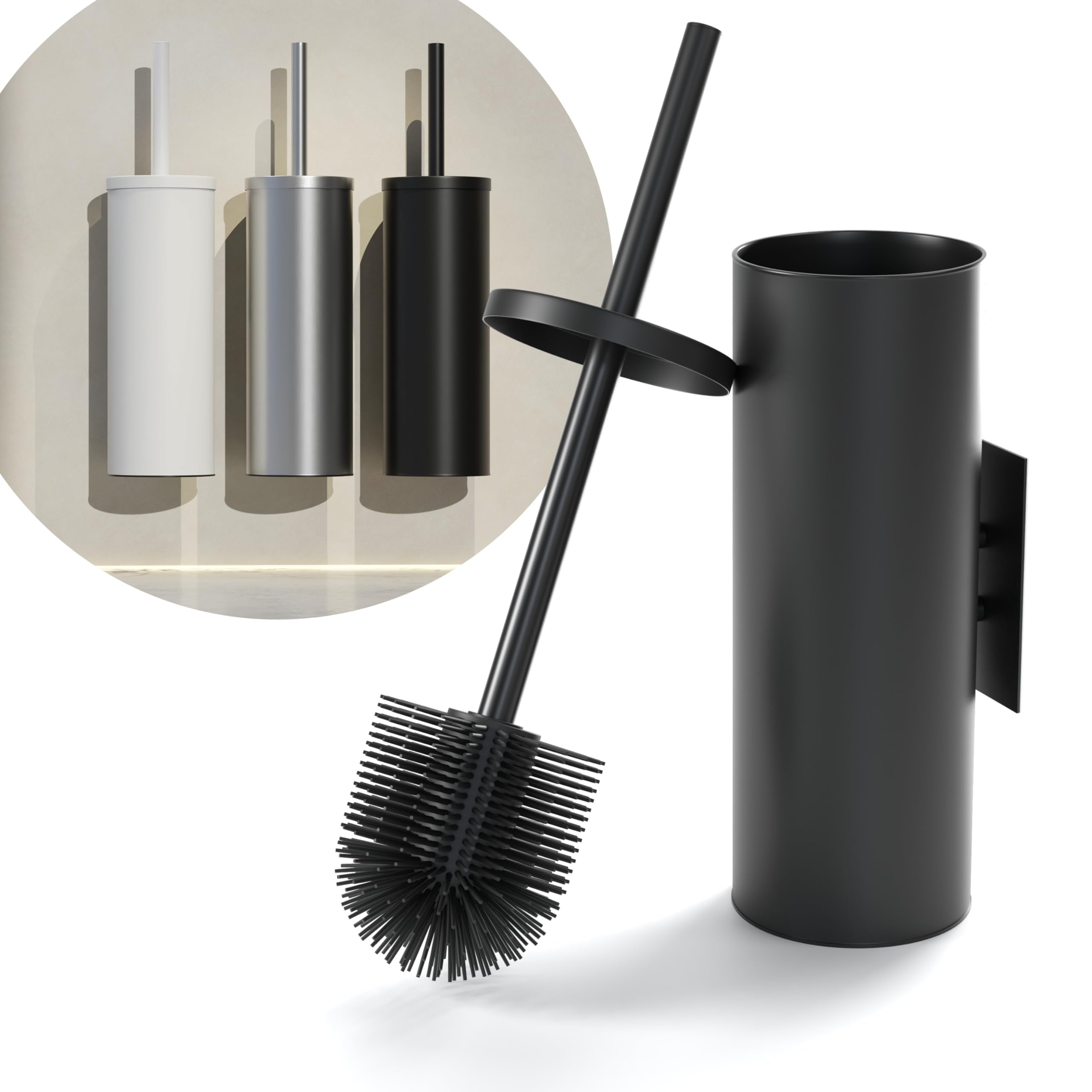 Savega Black – Silicone Wall-Mounted Toilet Brush – No-Drill Wc Brush With Holder – Hygienic Flexible Toilet Brush – Modern Bathroom Brush Set