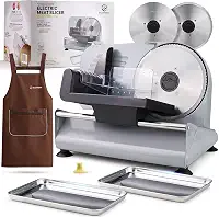 Cortador de carne, cortador elétrico potente de 200 W para uso doméstico, queijo, pão, legumes, 2 lâminas redondas de aço inoxidável de 19 cm, proteção de bloqueio infantil e espessura ajustável
