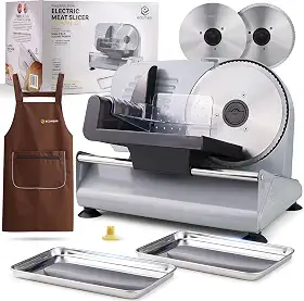Cortador de carne, cortador elétrico potente de 200 W para uso doméstico, queijo, pão, legumes, 2 lâminas redondas de aço inoxidável de 19 cm, proteção de bloqueio infantil e espessura ajustável