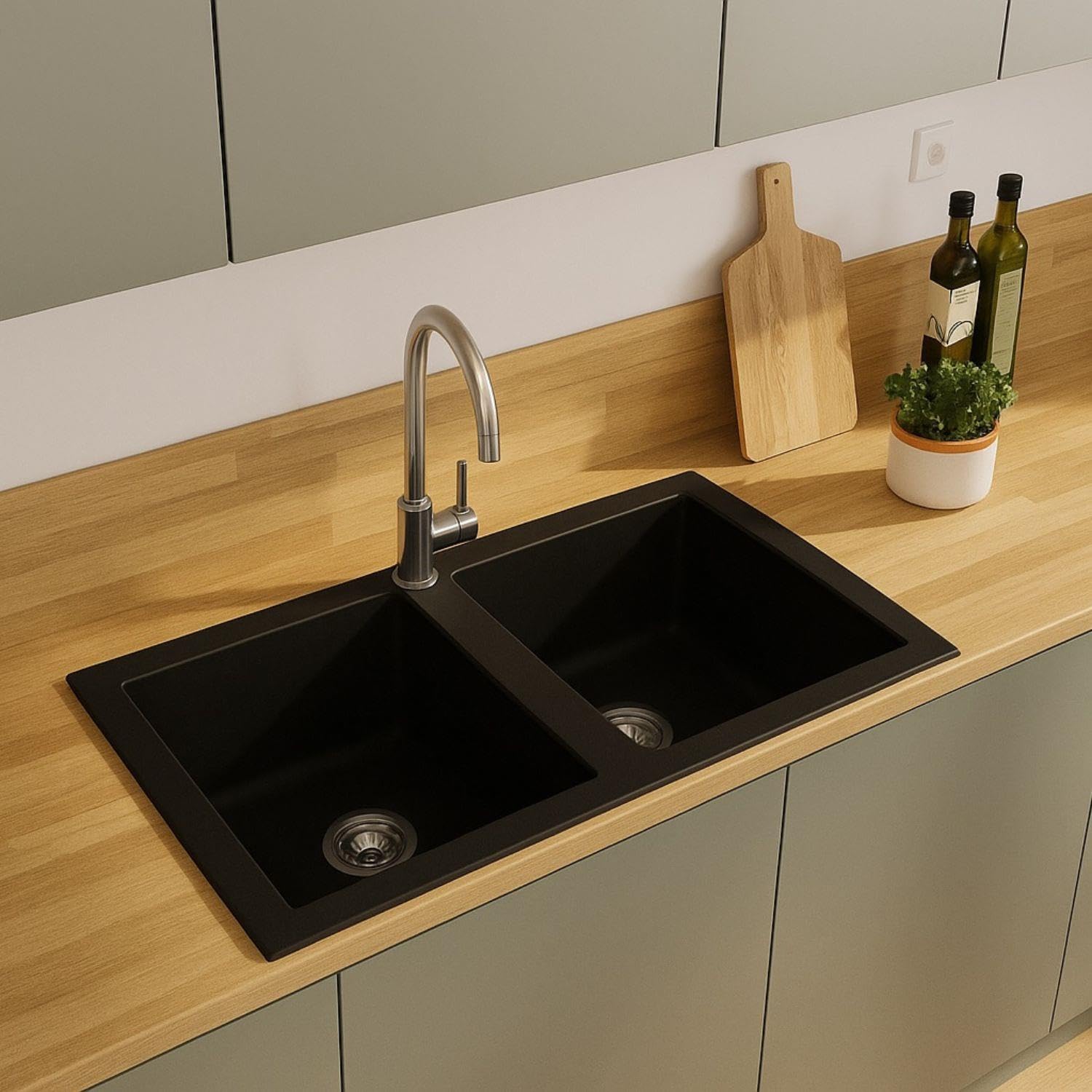 LD85BL – Fregadero de cocina 2 senos sin escurridor – Composite negro – Empotrable – 86 x 50 x 18,8 cm