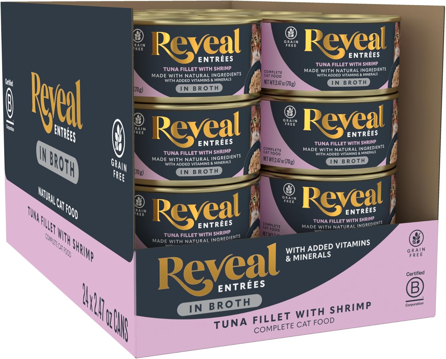 Reveal Entrées Natural Wet Cat Food, Grain-Free with Added Vitamins & Minerals, Carrageenan-Free and High Protein, Tuna Fillet with Shrimp in Broth (24 x 2.47 oz Cans)