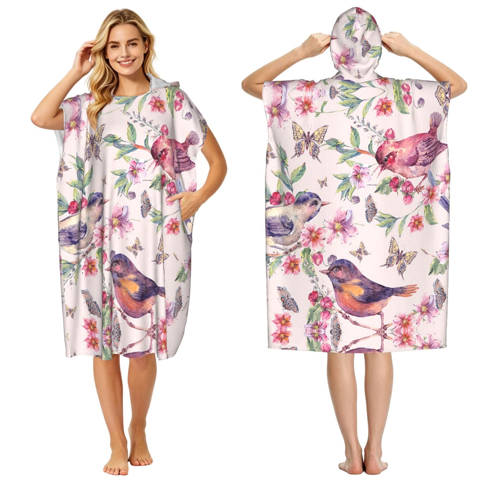Poncho à capuche oiseaux pour plage et piscine | Peignoir adulte léger séchage rapide