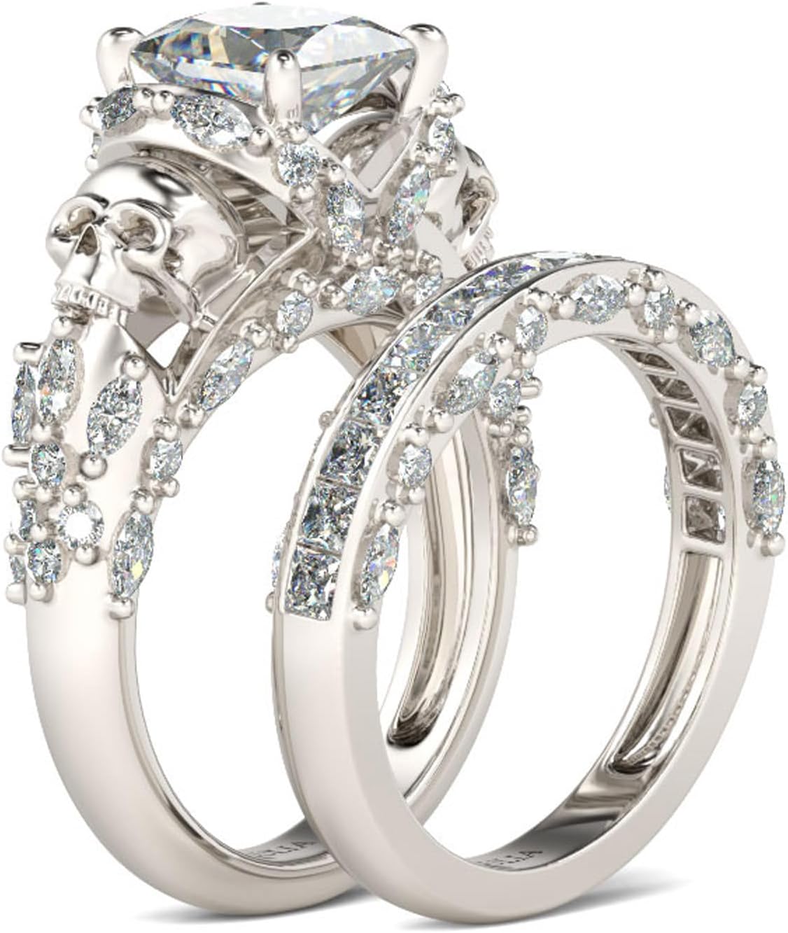 Jeulia Skull Engagement Ring Sets Sterling Silver Promise Eternity Band Rings Diamond Princess Cut with Cubic Zirconia Wedding Engagement Anniversary Promise Rings Bridal Sets