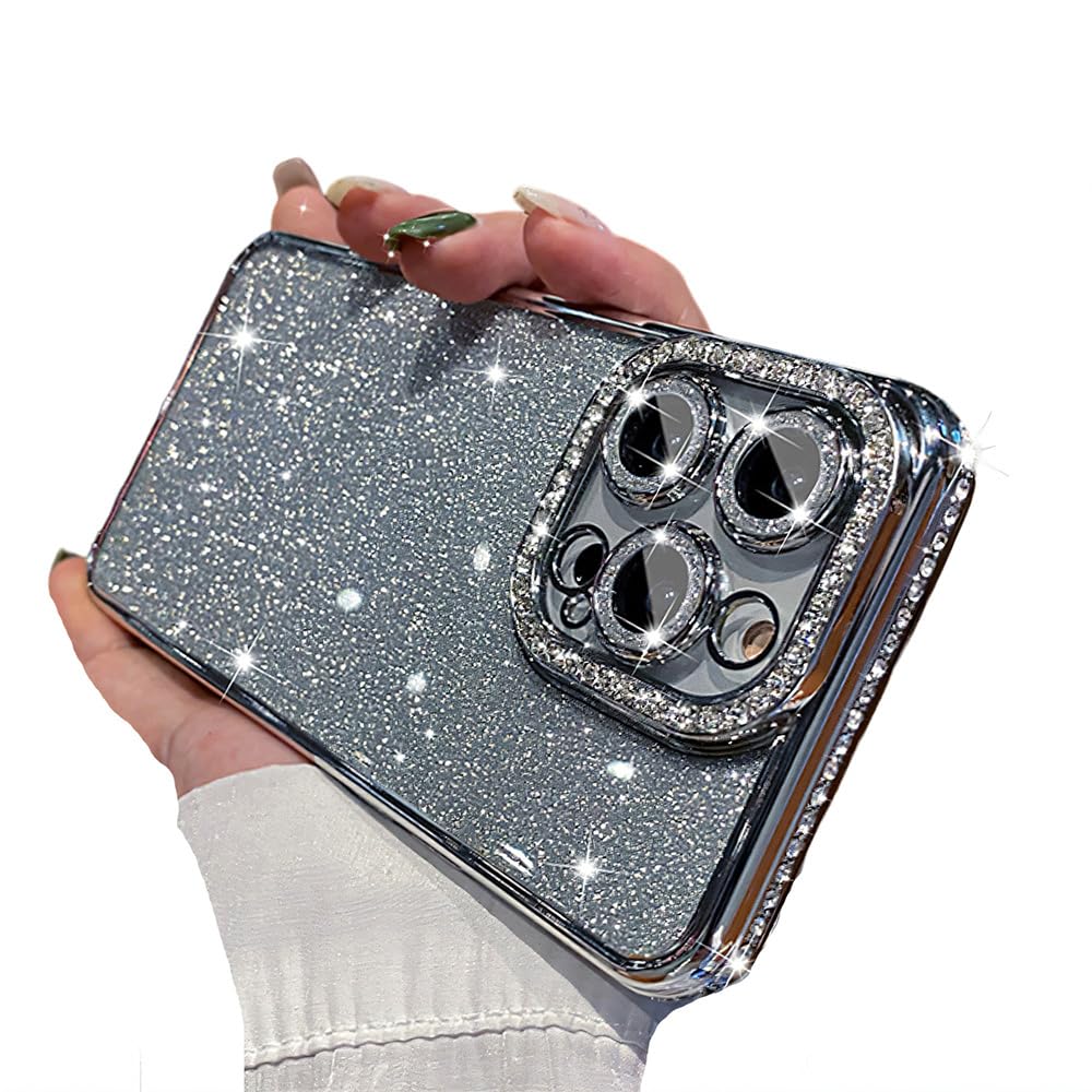 YAOZOCASE for iPhone Case,Glitter Crystal Diamend Rhinestone Sparkle Sparkly Bumper Camera Lens Protection Soft Shockproof Phone Case (Silver,iPhone