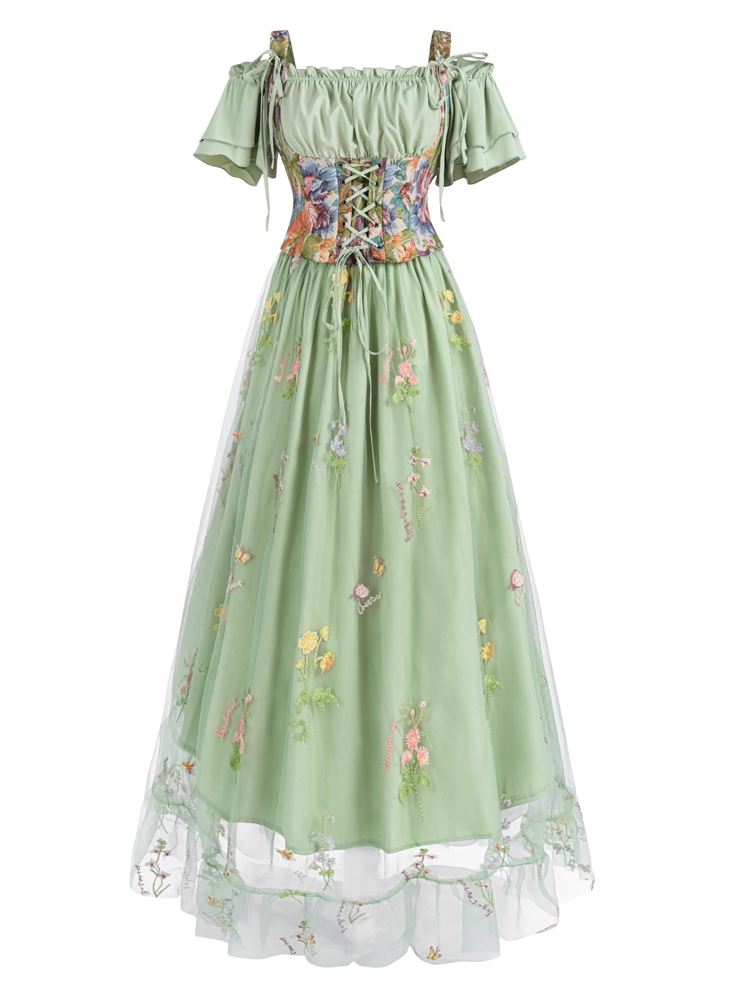 NSPSTT Medieval Dress in Green for Women 2 Piece Renaissance Faire Costume Fairy Elf Dress with Off-Shoulder Top & Embroidered Tulle Skirt for Cosplay L