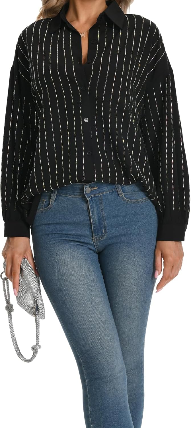 Women Long Sleeve Oversize Rhinestone Striped Button-Down Shirt - Image 5