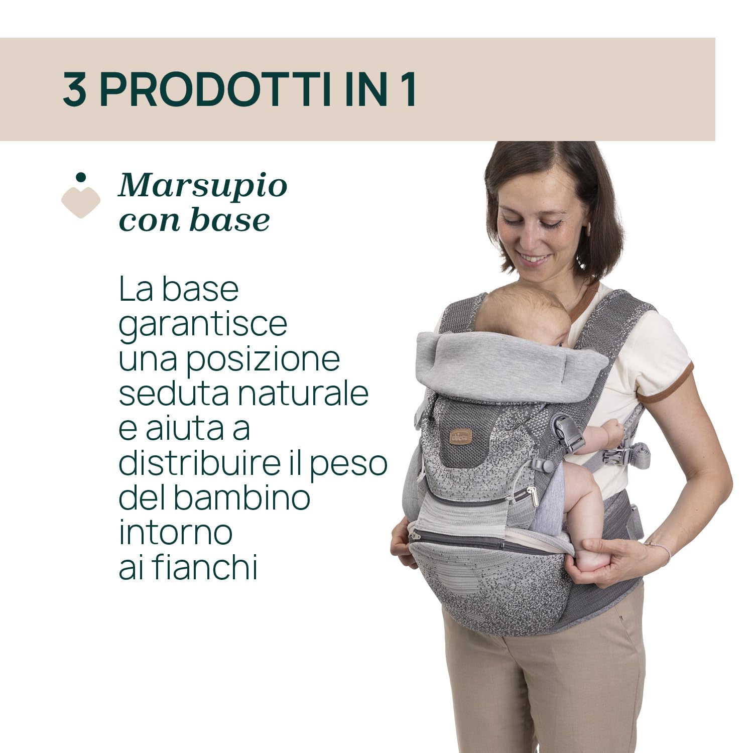 Chicco Airy Hip Fit Marsupio Ergonomico 3-in-1 | Tessuto Traspirante 3D Flyknit, Supporto Base Removibile per Distribuzione Peso | Posizioni Multiple: Fronte Mamma, Fronte Strada e Zaino | 0-15kg